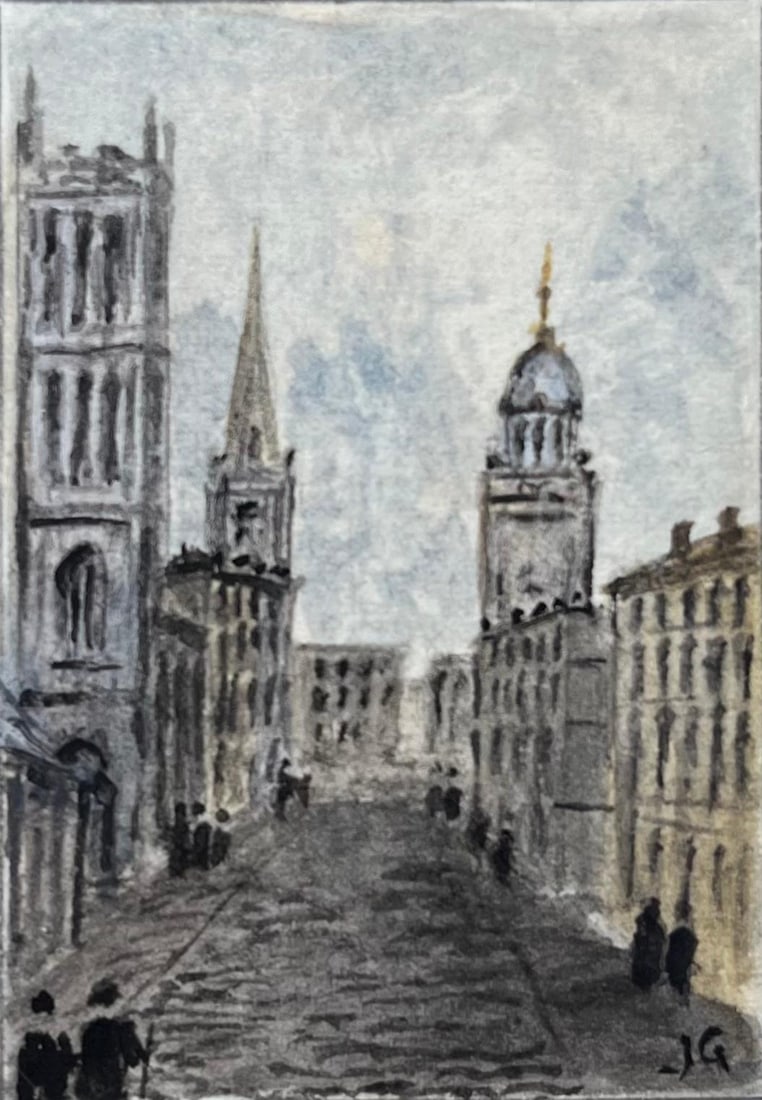 Jack Grunwell; Historic Miniature Watercolor of St Werburghs and Corn Street Bristol 1870: Title: Jack Grunwell; Historic Miniature Watercolor of St Werburghs and Corn Street Bristol 1870 Description: Title: Historic Miniature Watercolor of Quaker Meeting House in Frenchay by Jack Grunwell,