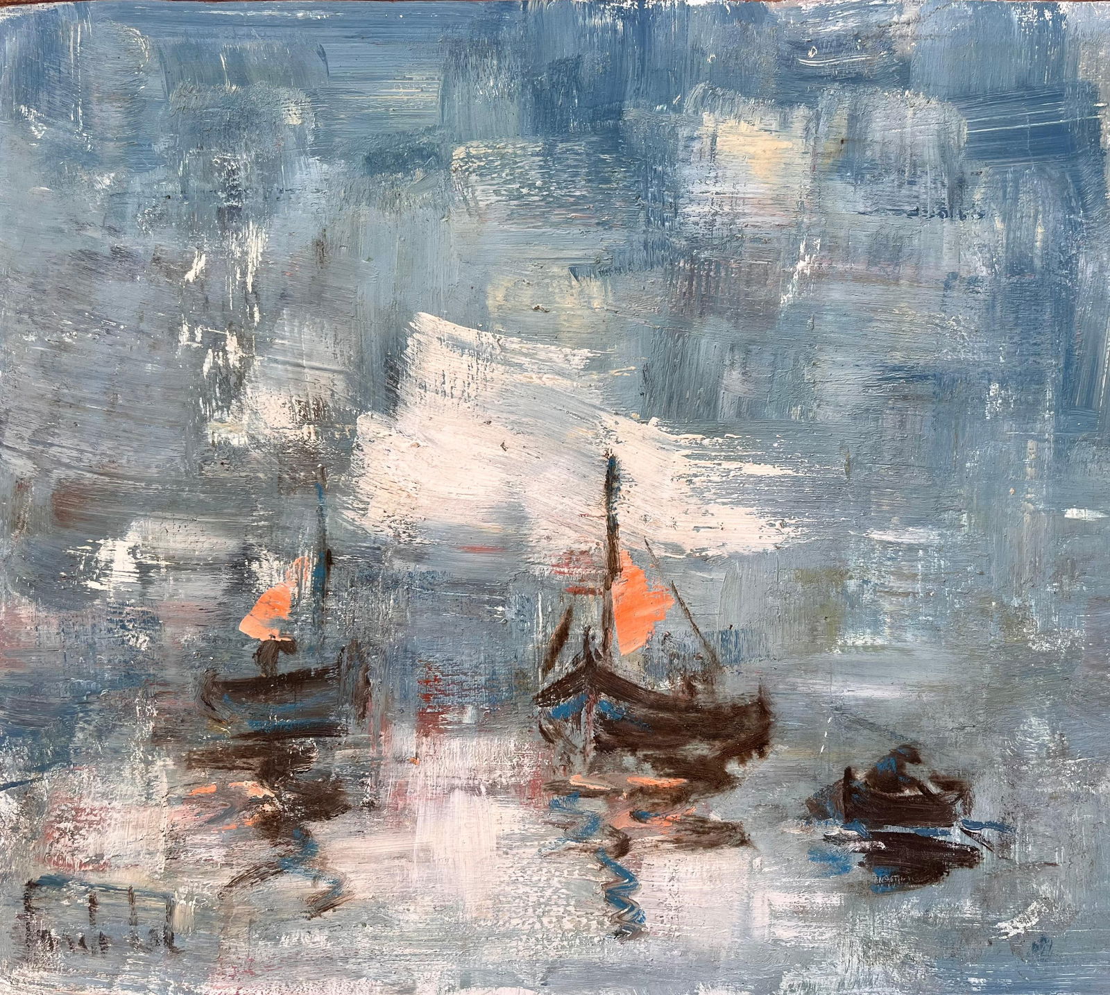 Fanch Lel; Impressionist Seascape Painting of Fishing Boats with Sails and Orange Sails (1 of 11)