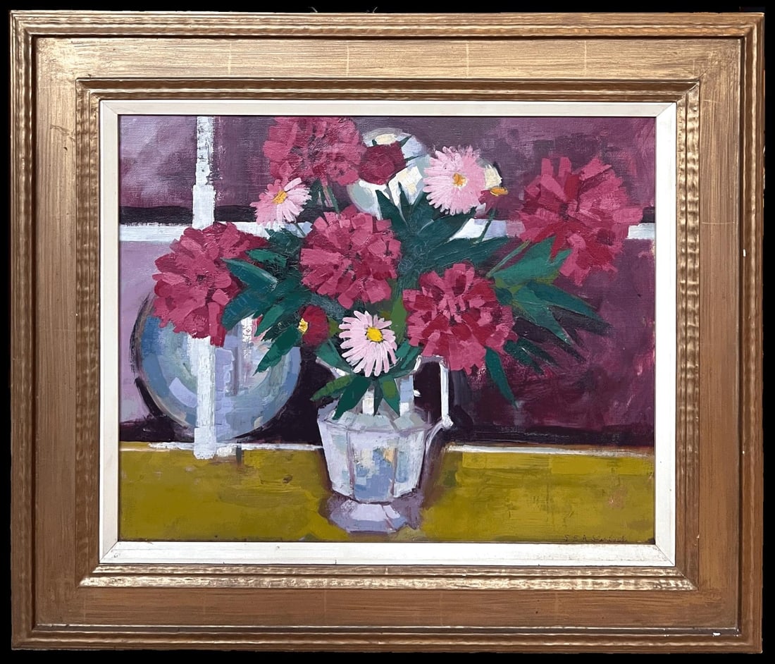 French School; Mid 20th Century French Oil Painting Still Life Flowers in Interior Room, 1950's (1 of 11)