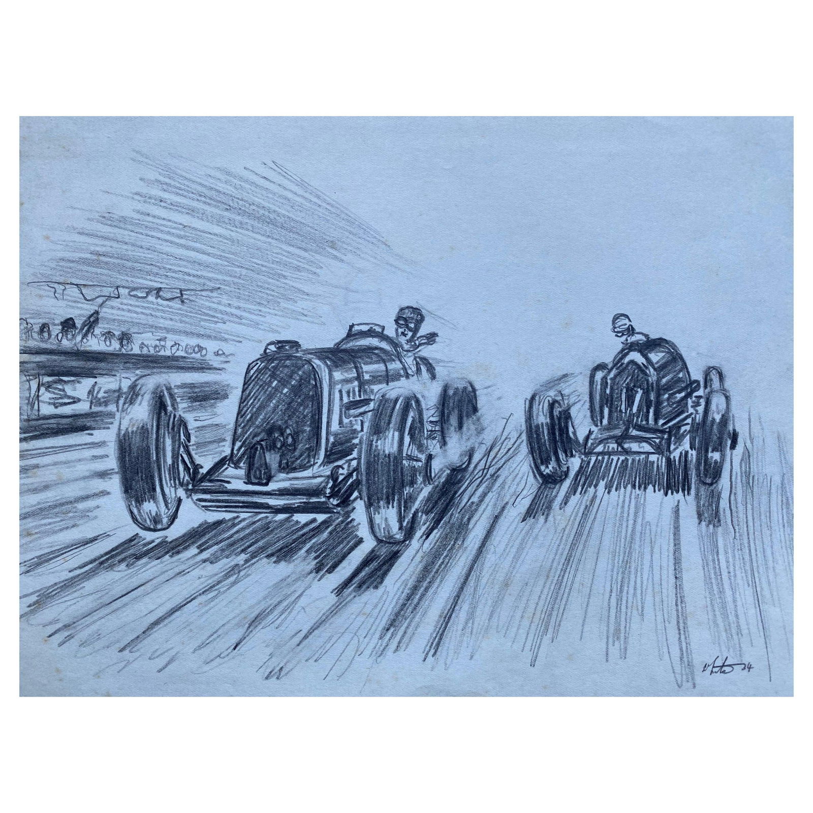 Original 1930's Vintage Motor Car Racing Original Drawing Signed Dated, circa 1930s (1 of 6)