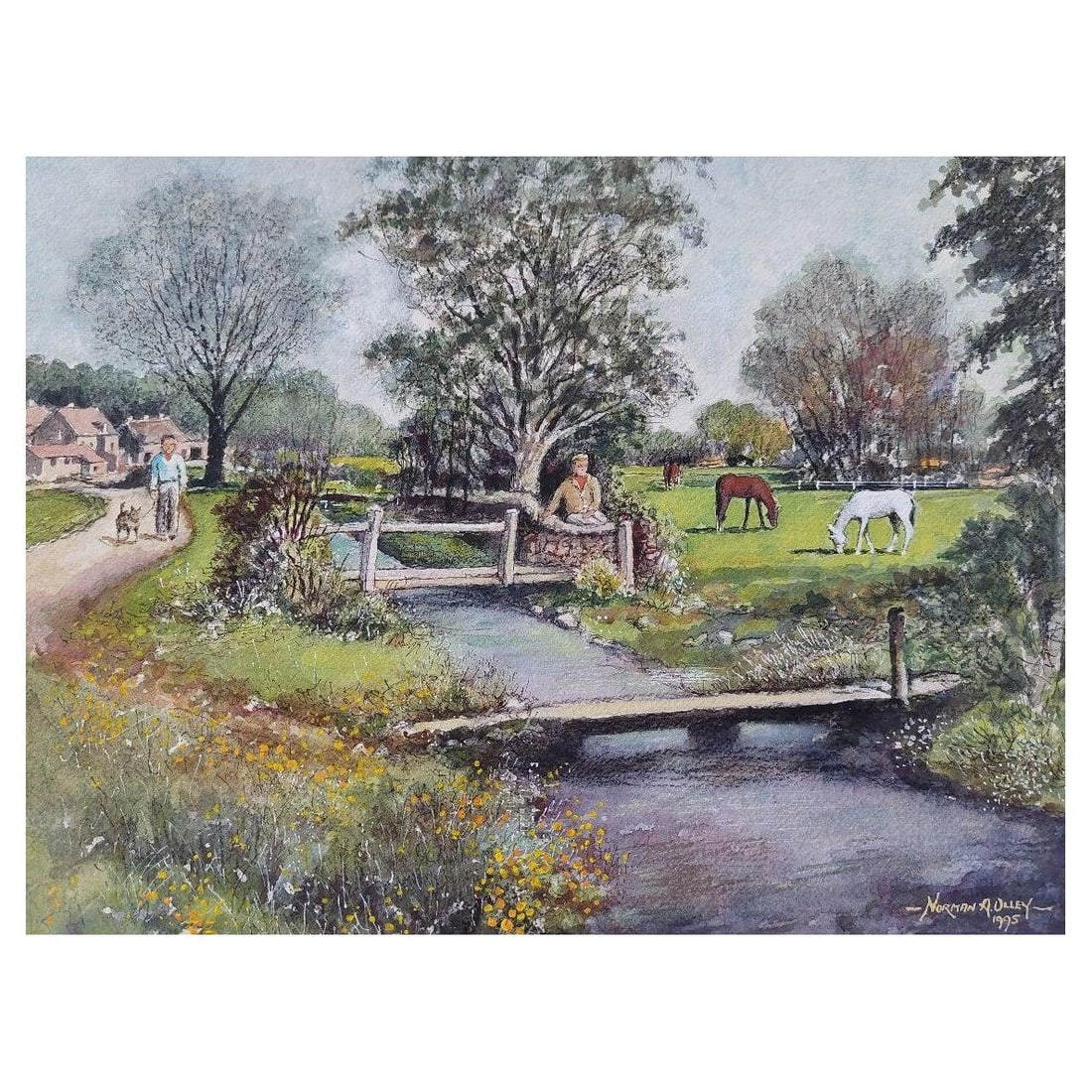 English School; Traditional English Painting of a Village Scene with Figures, Dog and Horses, 20th: Title: English School; Traditional English Painting of a Village Scene with Figures, Dog and Horses, 20th Century Description: Artist/ School: Norman A. Olley ( British, 20th Century, 1908-1996),