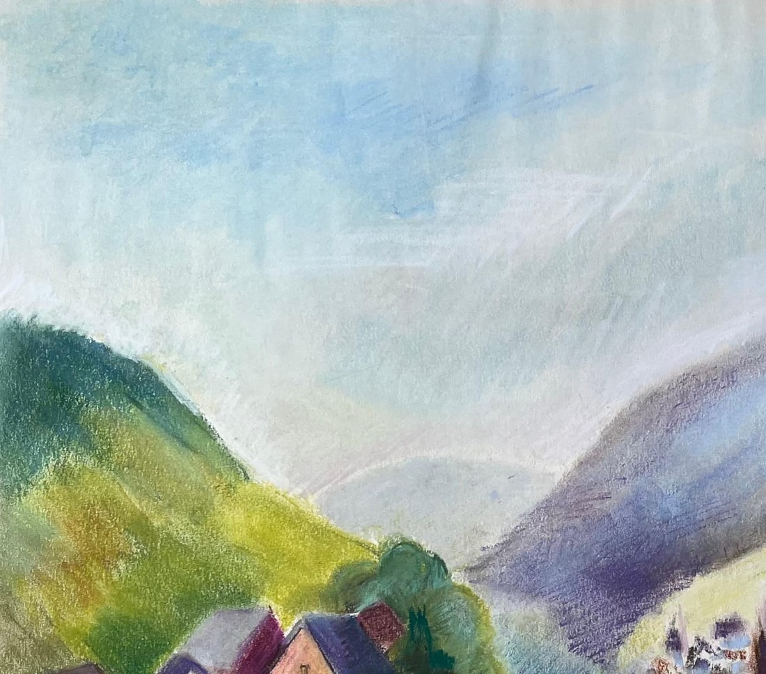 Anne Marie Migette Perard; French Mid 20th Century Pastel of River Village and Mountains with Boat - 7