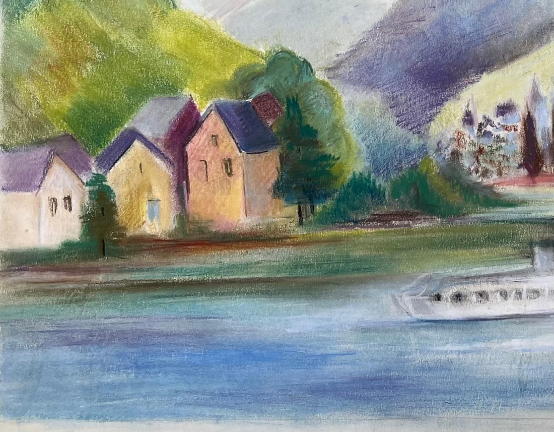 Anne Marie Migette Perard; French Mid 20th Century Pastel of River Village and Mountains with Boat - 8