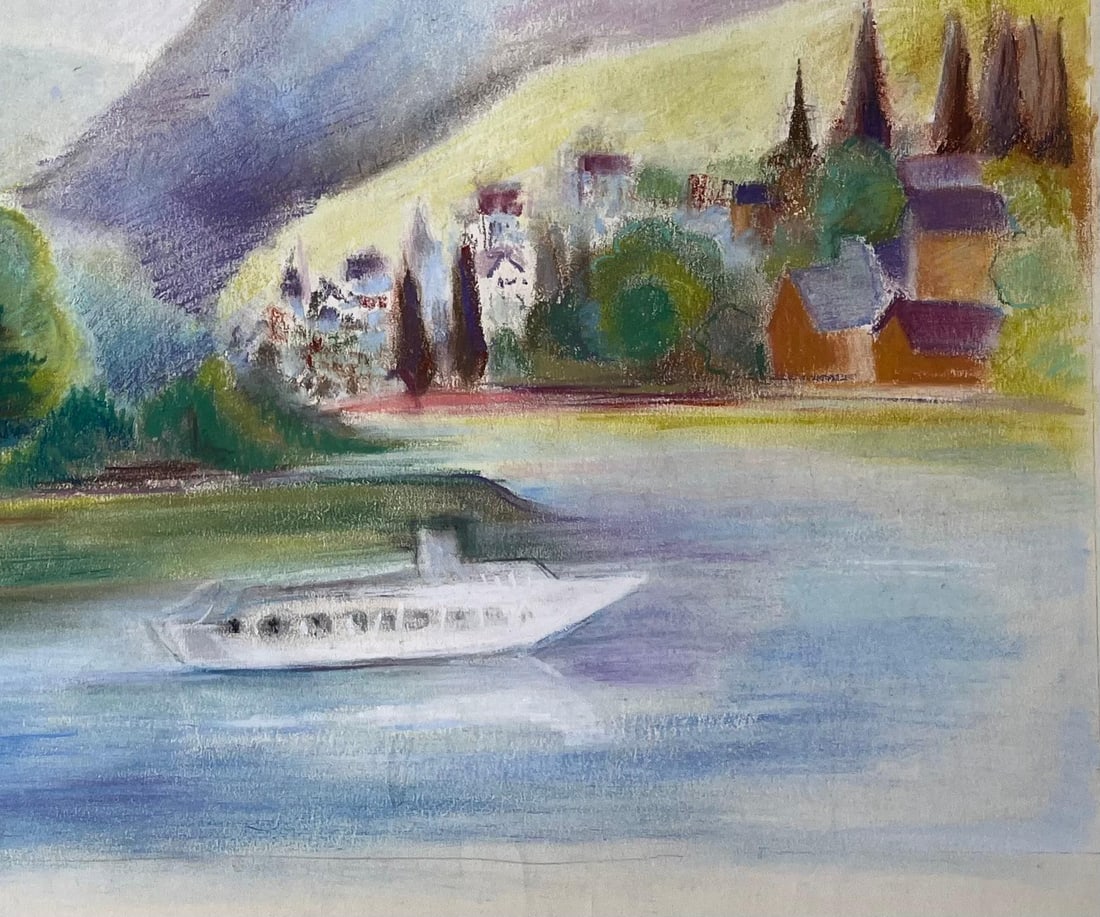 Anne Marie Migette Perard; French Mid 20th Century Pastel of River Village and Mountains with Boat - 9