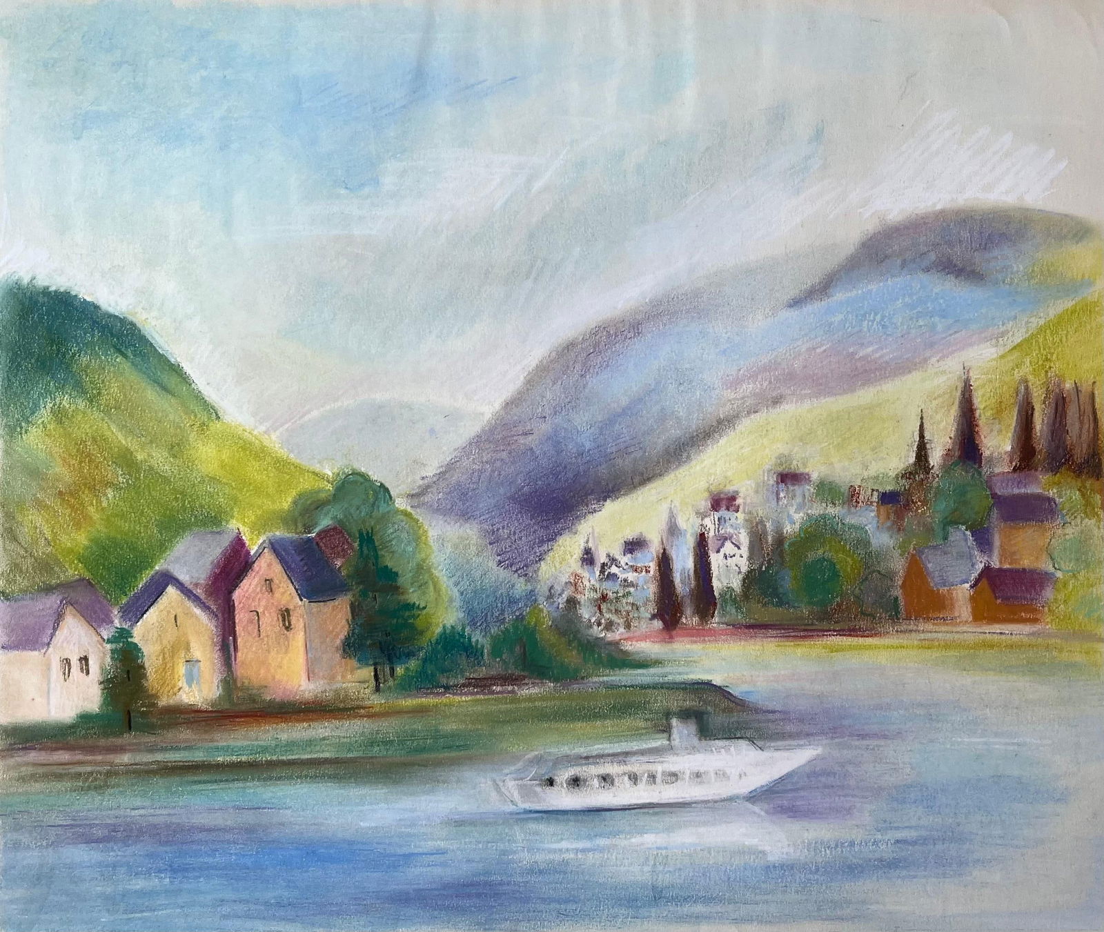 Anne Marie Migette Perard; French Mid 20th Century Pastel of River Village and Mountains with Boat (1 of 11)