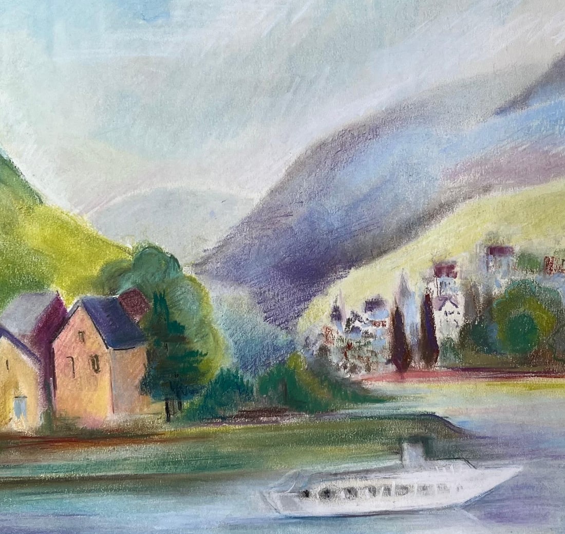 Anne Marie Migette Perard; French Mid 20th Century Pastel of River Village and Mountains with Boat - 2