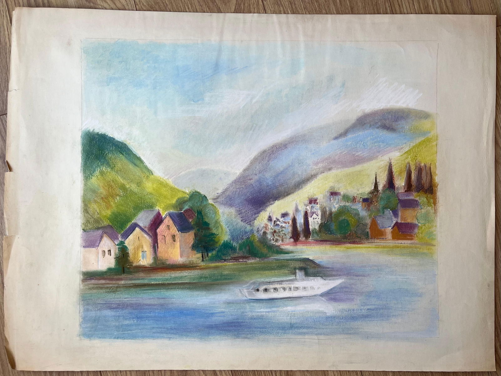 Anne Marie Migette Perard; French Mid 20th Century Pastel of River Village and Mountains with Boat - 5