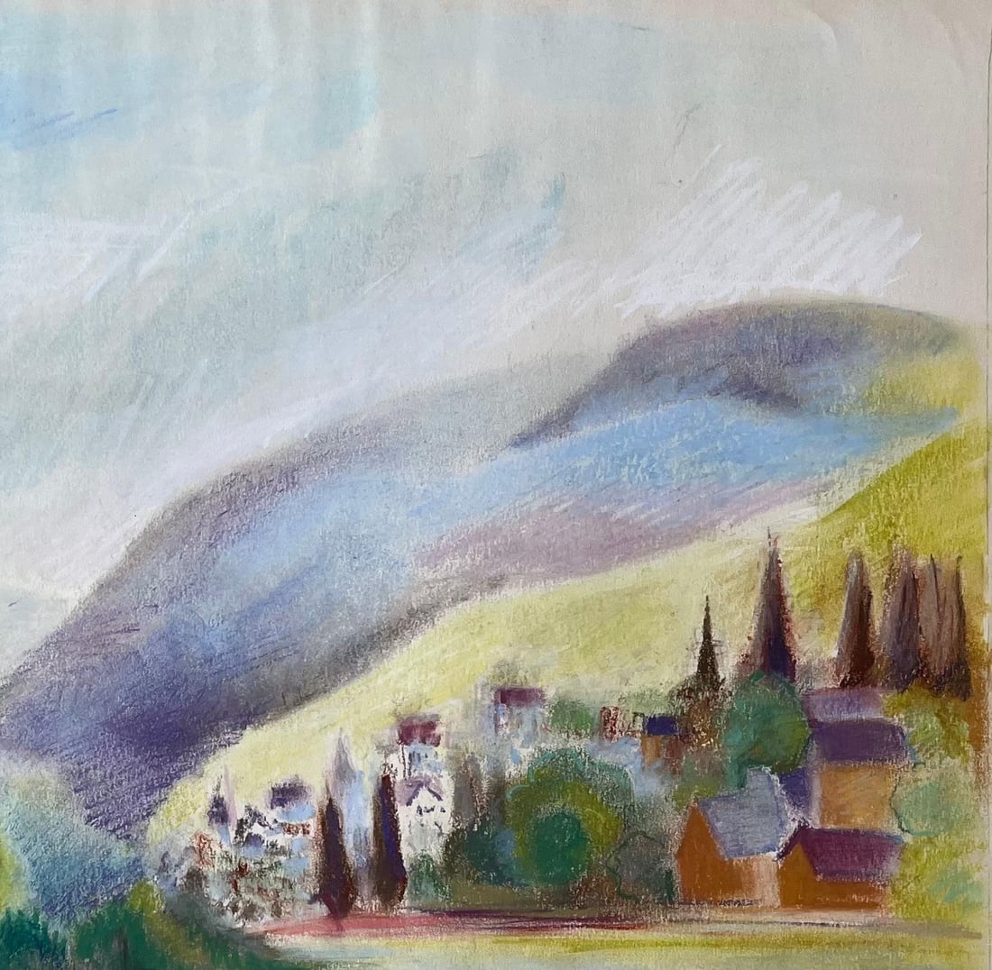 Anne Marie Migette Perard; French Mid 20th Century Pastel of River Village and Mountains with Boat - 6