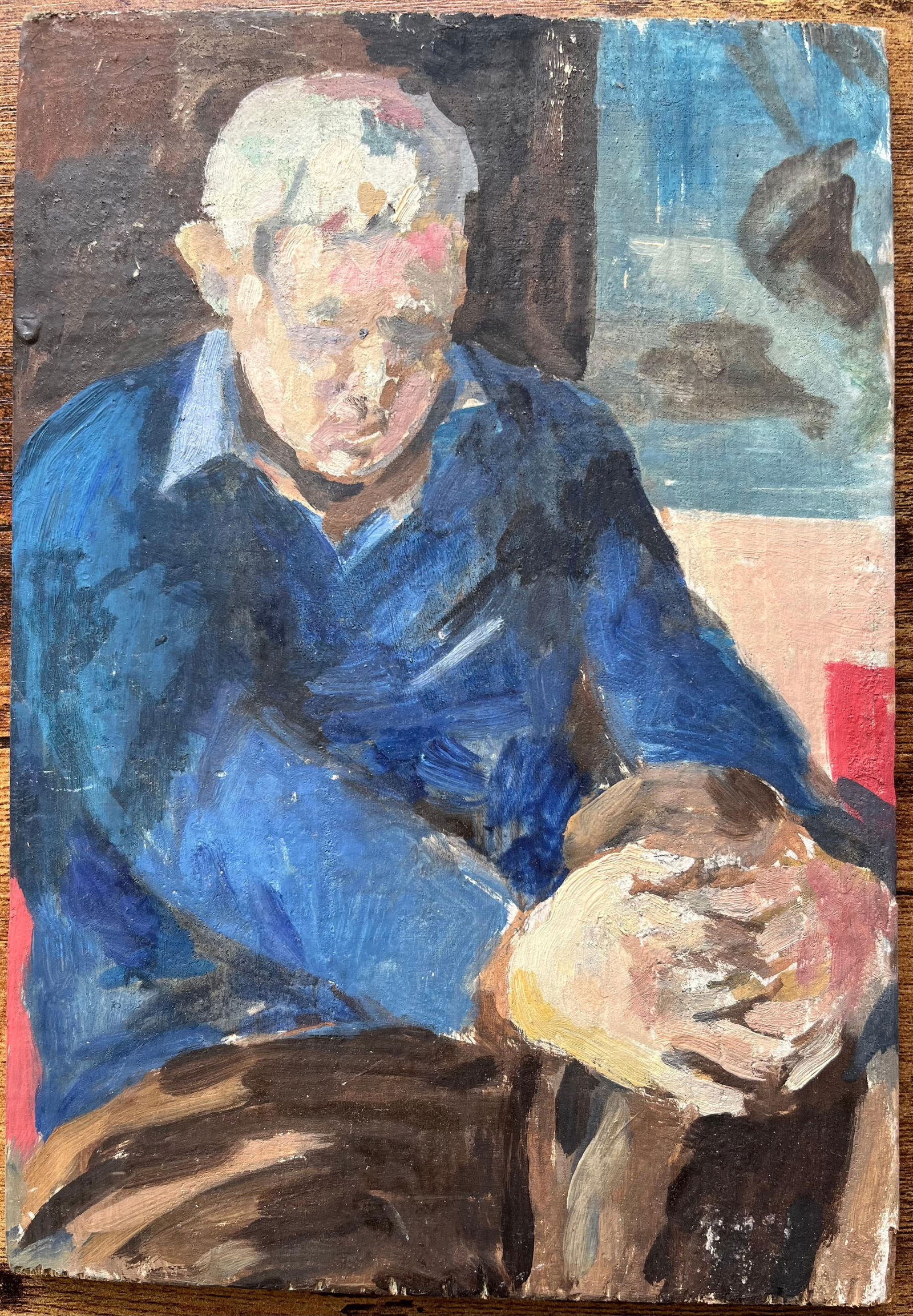 Bernadette Kelly; French Impressionist Portrait of an Elderly Man in Blue Seated in Reflection - 15