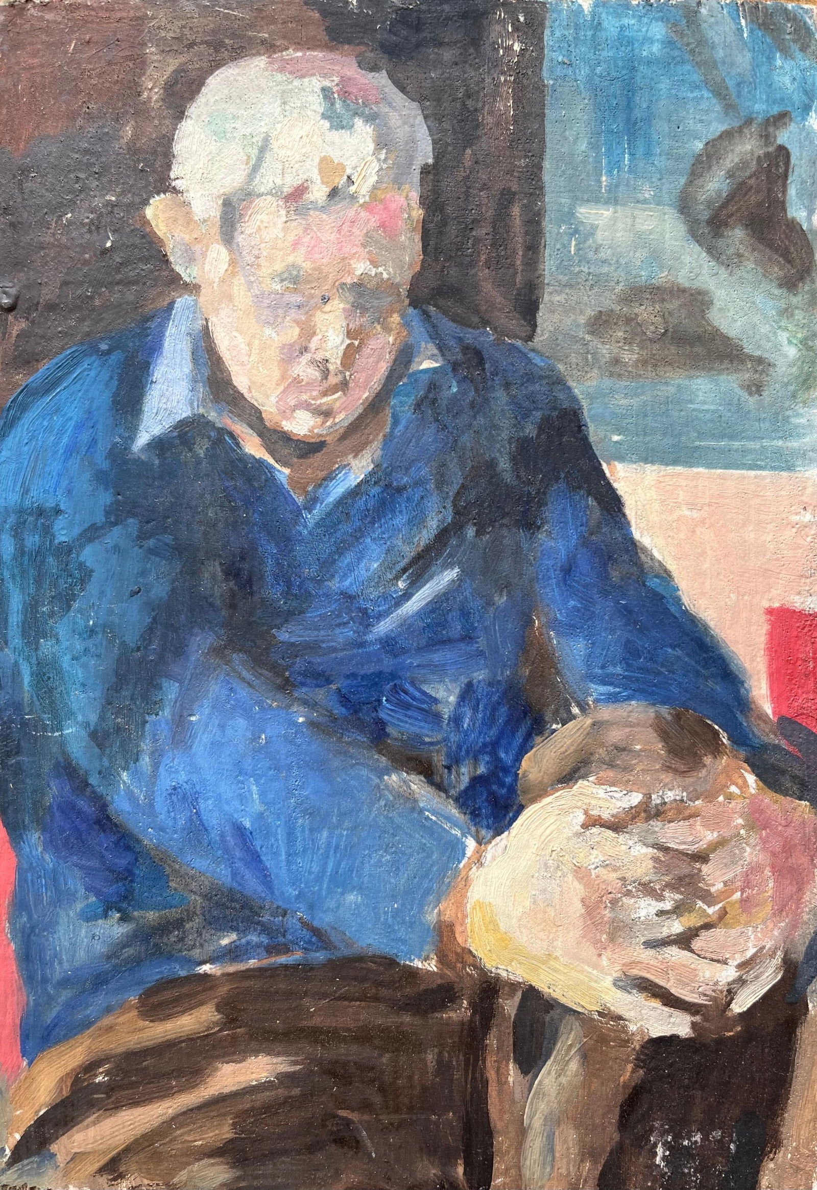 Bernadette Kelly; French Impressionist Portrait of an Elderly Man in Blue Seated in Reflection: Title: Bernadette Kelly; French Impressionist Portrait of an Elderly Man in Blue Seated in Reflection Description: Abstract Expressionist Composition signed by Gilbert Pelissier (French born 1924) oil