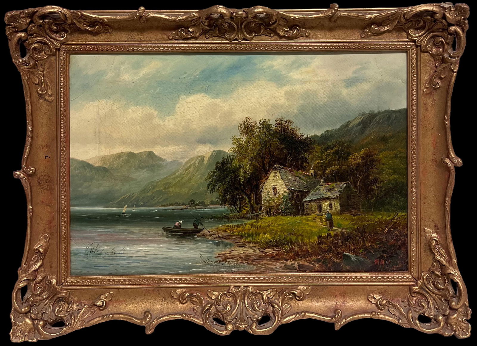 Welsh Victorian; Signed Victorian Welsh Oil Painting Cottages by Lake and Mountain View 1888, 1888 (1 of 14)