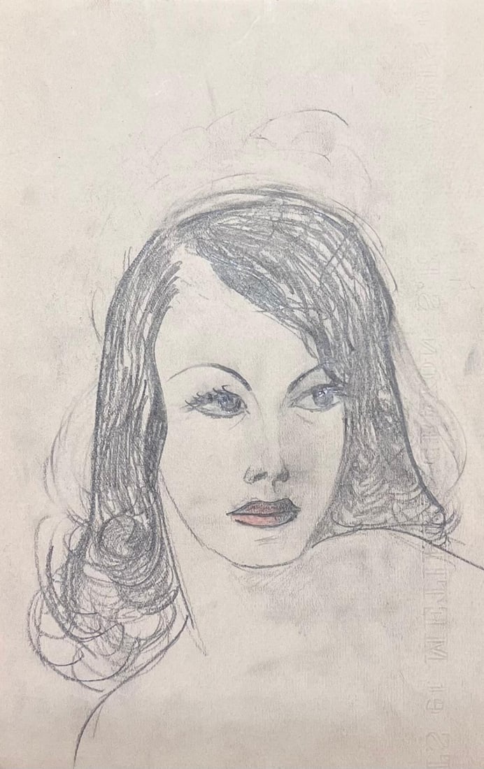 Josine Vignon; Mid Century French Pencil Sketch Stylish Portrait of Posed Lady, 1942 - 2