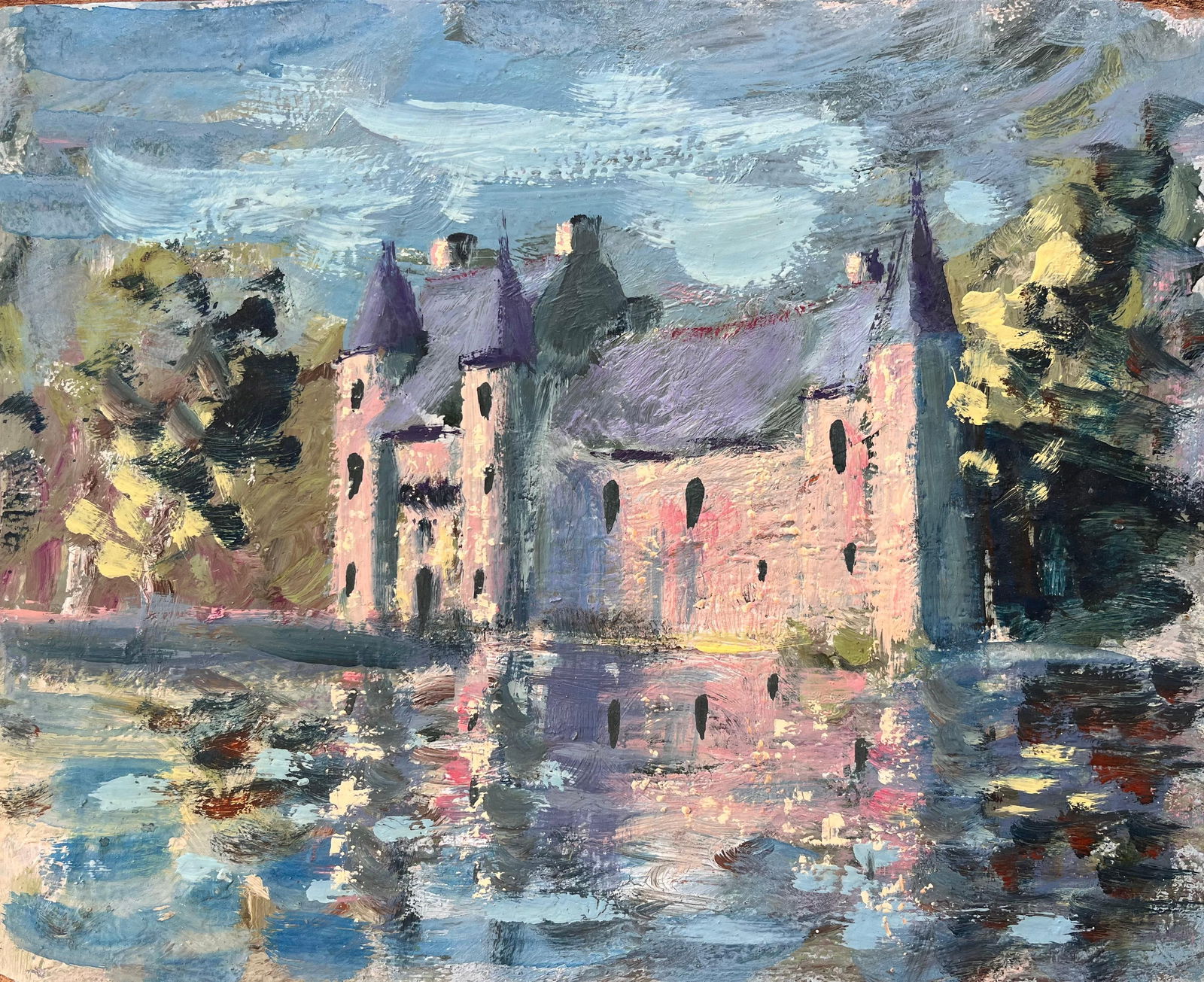 Fanch Lel; French Château Landscape Oil Painting with Reflection in Lake and Turreted Tower (1 of 11)