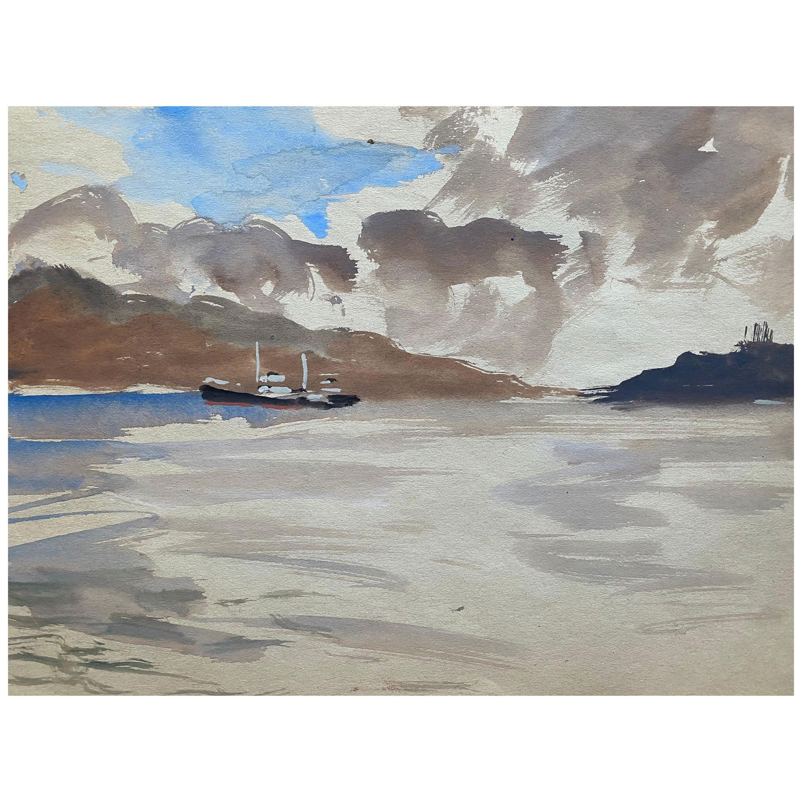 Mid 20th C. Irish Artist Watercolor Painting - Vigo Spain Coastal Landscape Boat, circa 1950s: Title: Mid 20th C. Irish Artist Watercolor Painting - Vigo Spain Coastal Landscape Boat, circa 1950s Description: Architecture by Bernard Labbe (French mid 20th century) original watercolour/ gouache