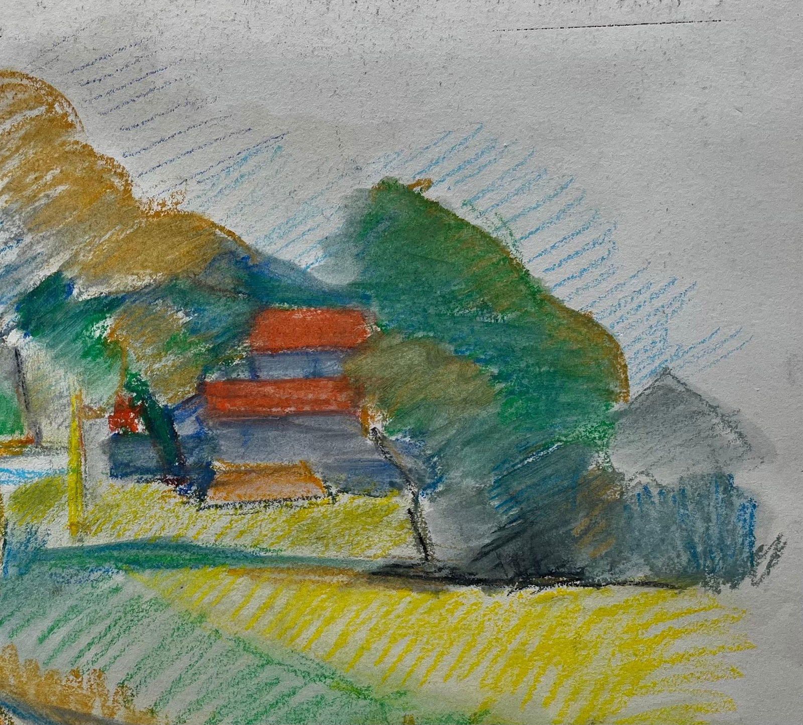 Guy Nicod; Peaceful French Village Curve with Red Roofs and Tree Pastel Drawing - 9