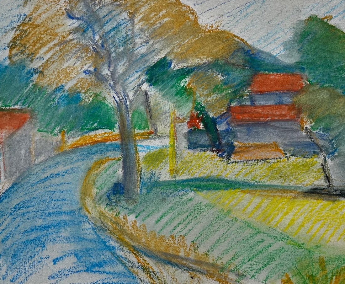 Guy Nicod; Peaceful French Village Curve with Red Roofs and Tree Pastel Drawing - 10
