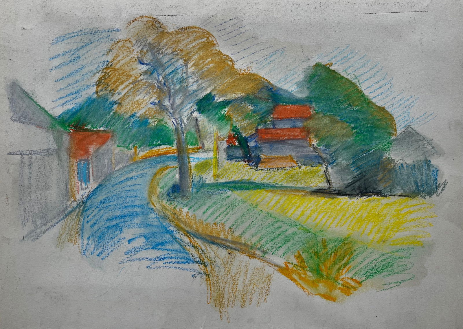Guy Nicod; Peaceful French Village Curve with Red Roofs and Tree Pastel Drawing (1 of 11)