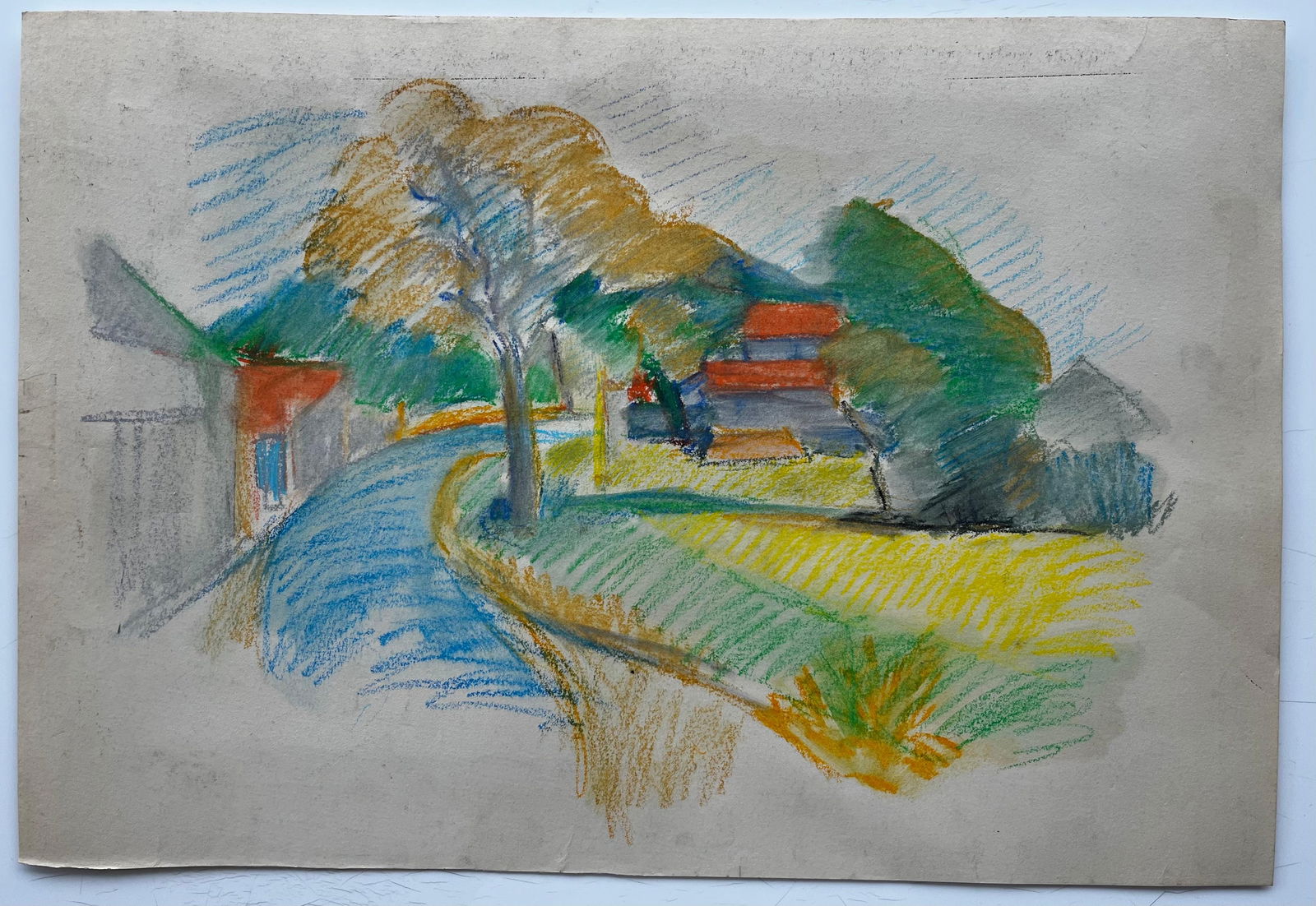 Guy Nicod; Peaceful French Village Curve with Red Roofs and Tree Pastel Drawing - 5