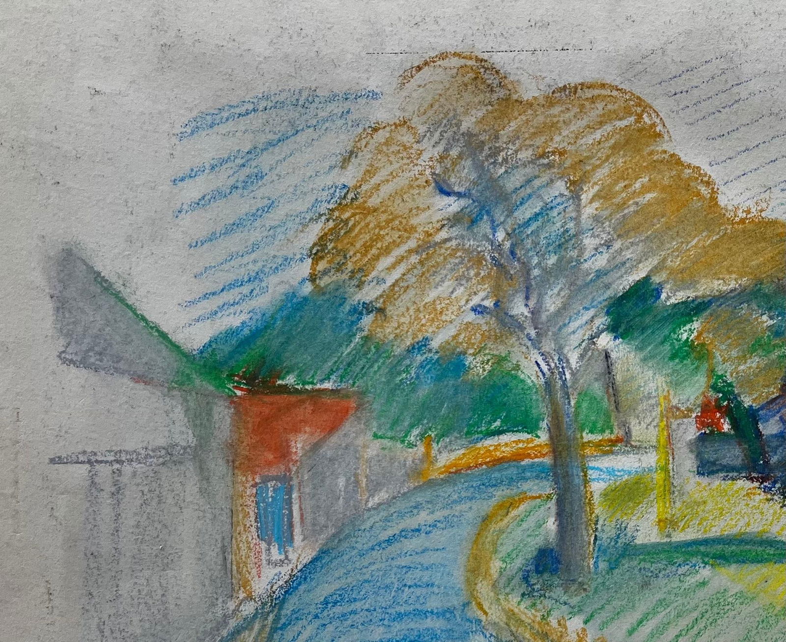 Guy Nicod; Peaceful French Village Curve with Red Roofs and Tree Pastel Drawing - 6
