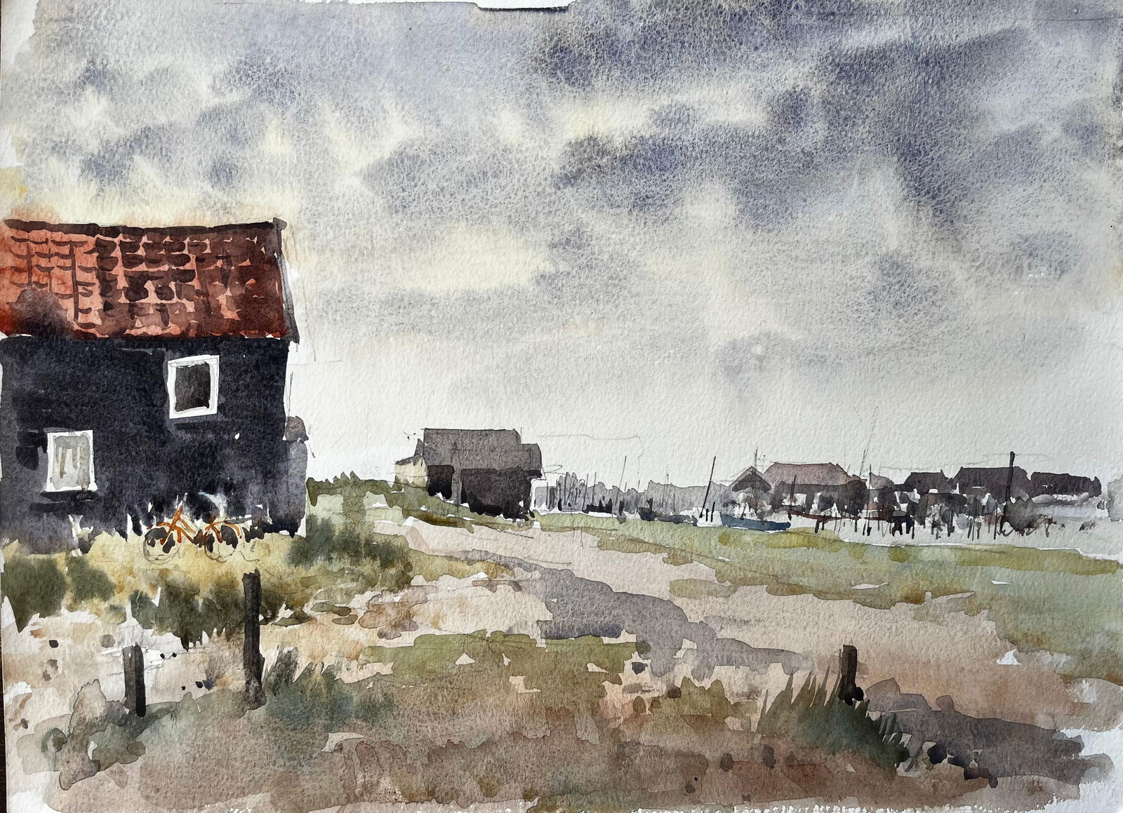 Anthony Herbert; Original Watercolour Coastal Landscape with Fishing Huts and Bike, 1994 (1 of 11)