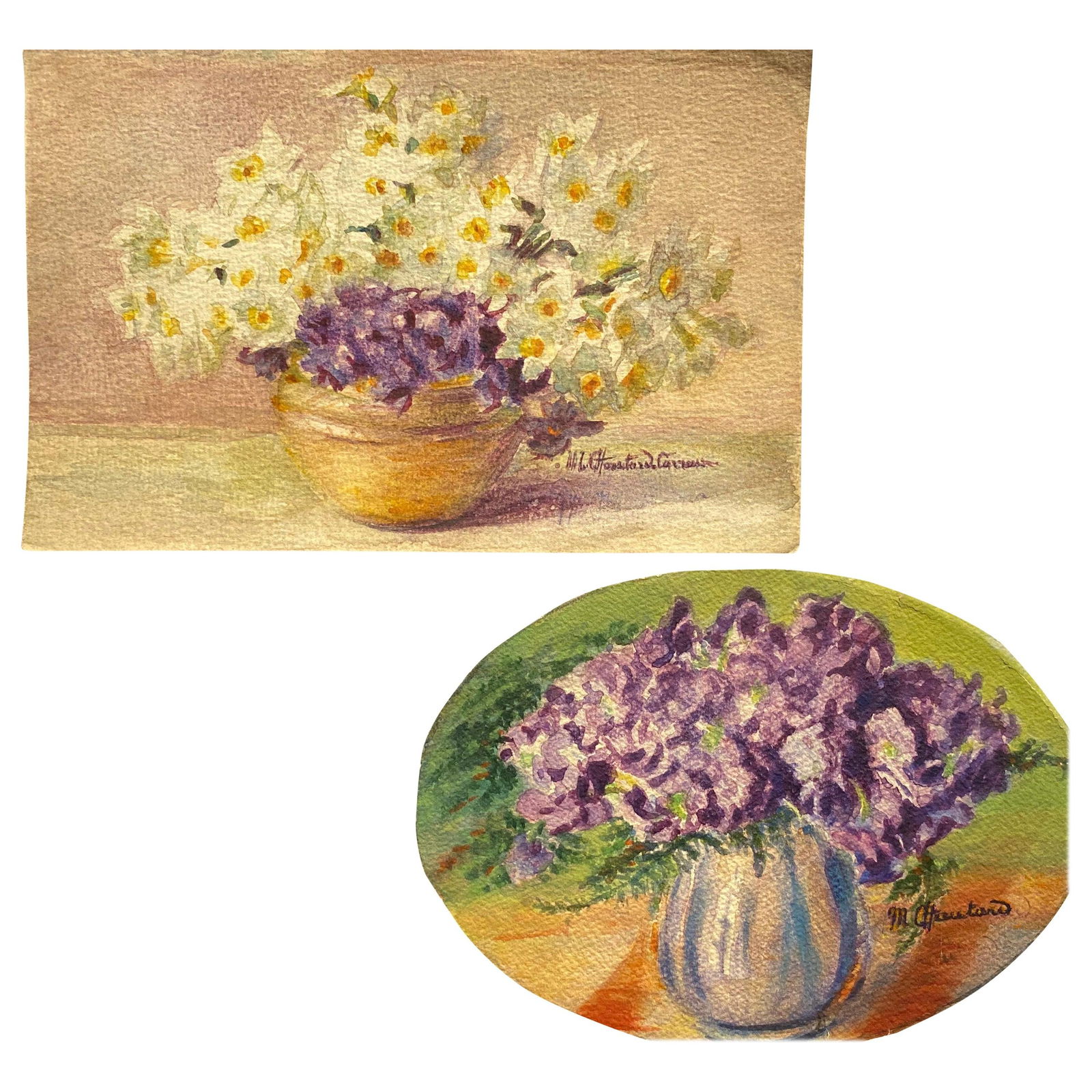 2 x Early 1900's French Impressionist Signed Flower Watercolours Marie Carreau, circa 1900s (1 of 5)