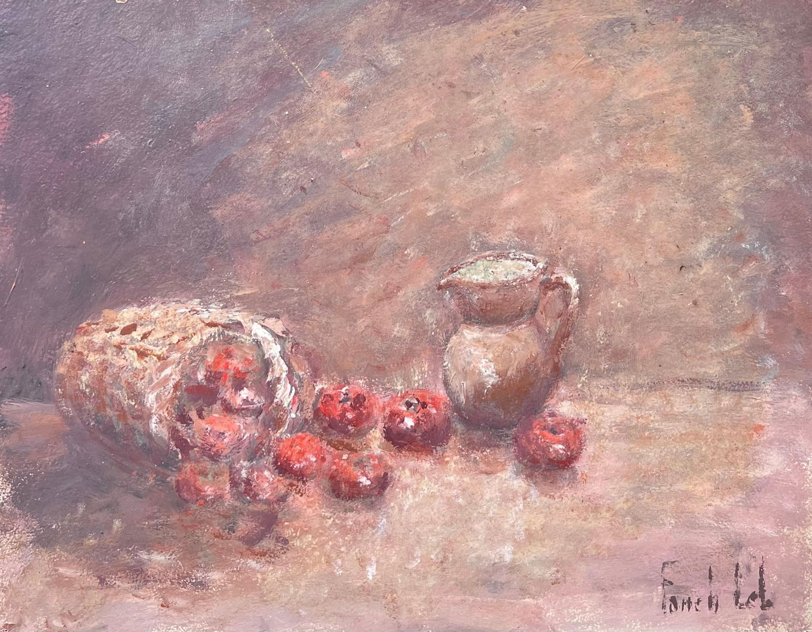 Fanch Lel; Still Life Red Apples Spilling From Woven Basket and Ceramic Jug Oil Painting, 1999 (1 of 11)