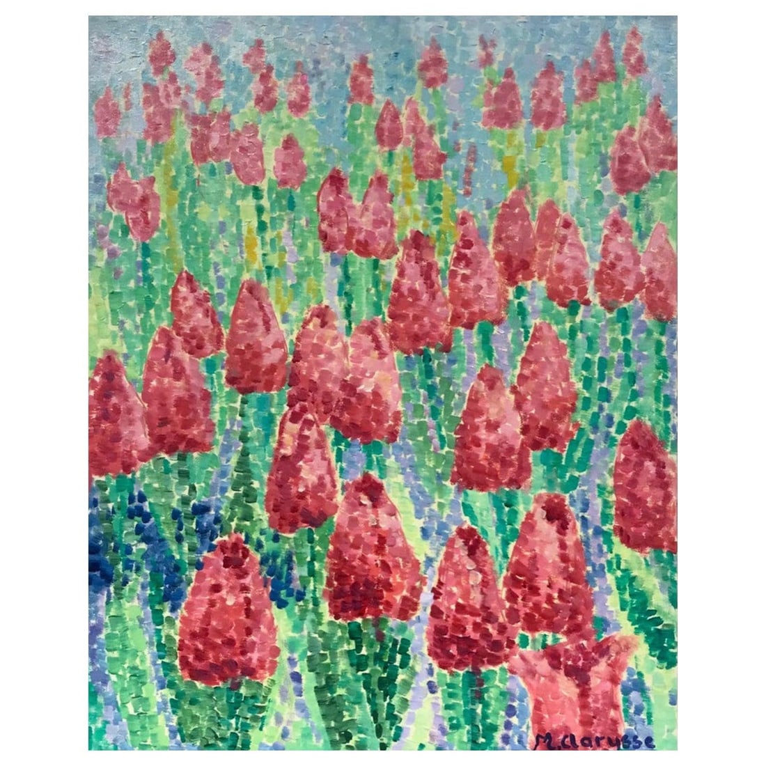 Bright & Colorful French Pointillist Oil Painting - Field of Pink Tulips, 2000 (1 of 11)