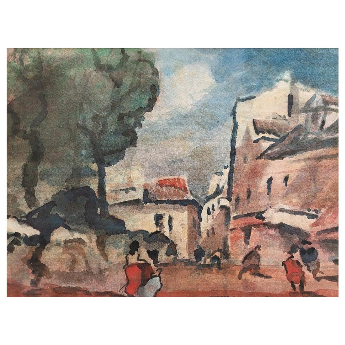 Maurice Mazeilie; French Modernist Cubist Painting Figures in a Country Village Street, 20th Century: Title: Maurice Mazeilie; French Modernist Cubist Painting Figures in a Country Village Street, 20th Century Description: AKOS BIRO (HUNGARIAN 1911-2002) watercolour / gouache size: 11 x 7.5 inches Bea