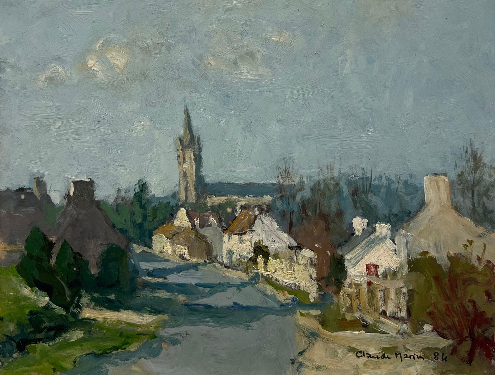 Claude Marin; 20th Century French Impressionist Signed Oil Rural French Village Road & Houses, 1984 (1 of 17)