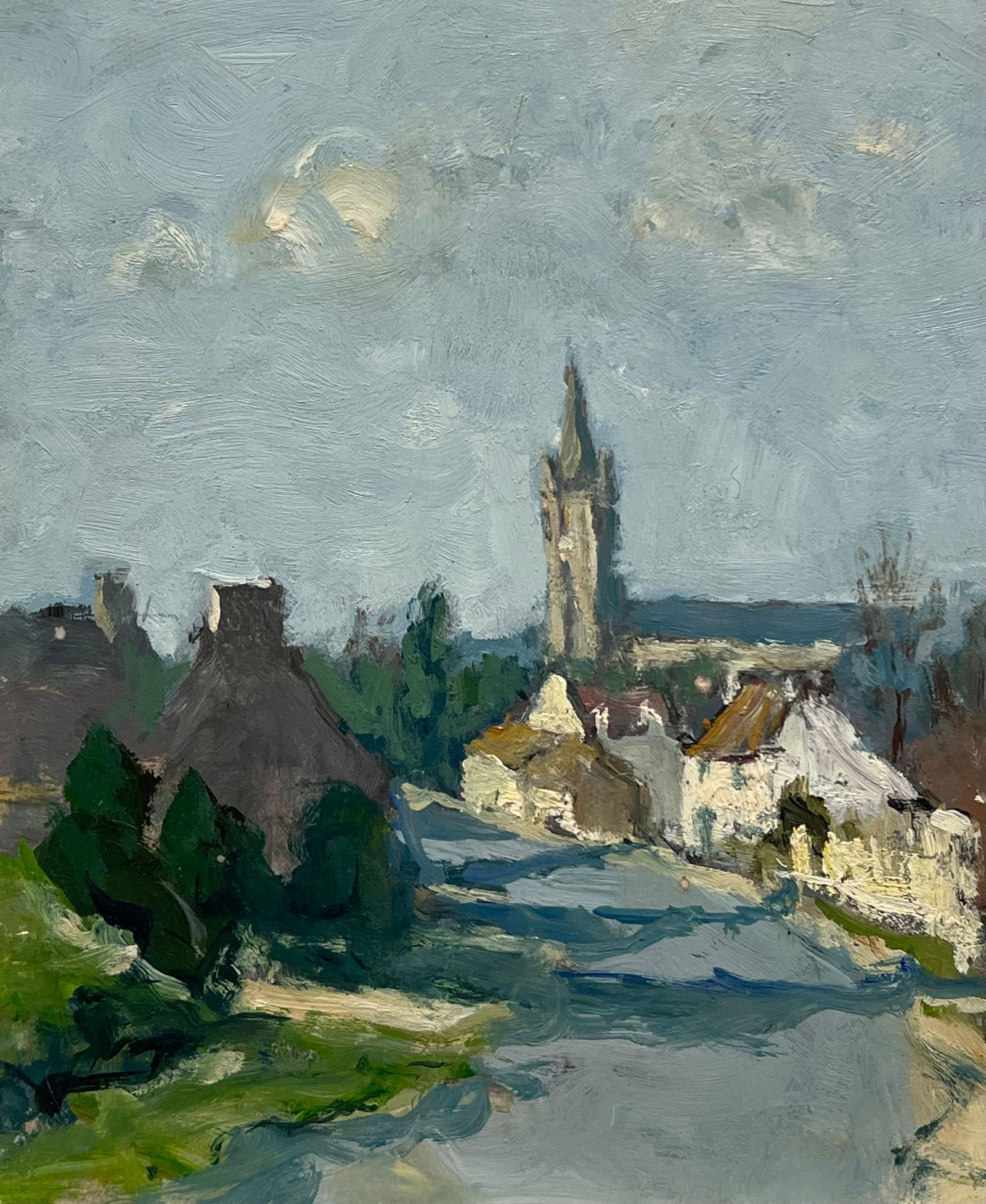 Claude Marin; 20th Century French Impressionist Signed Oil Rural French Village Road & Houses, 1984 - 5