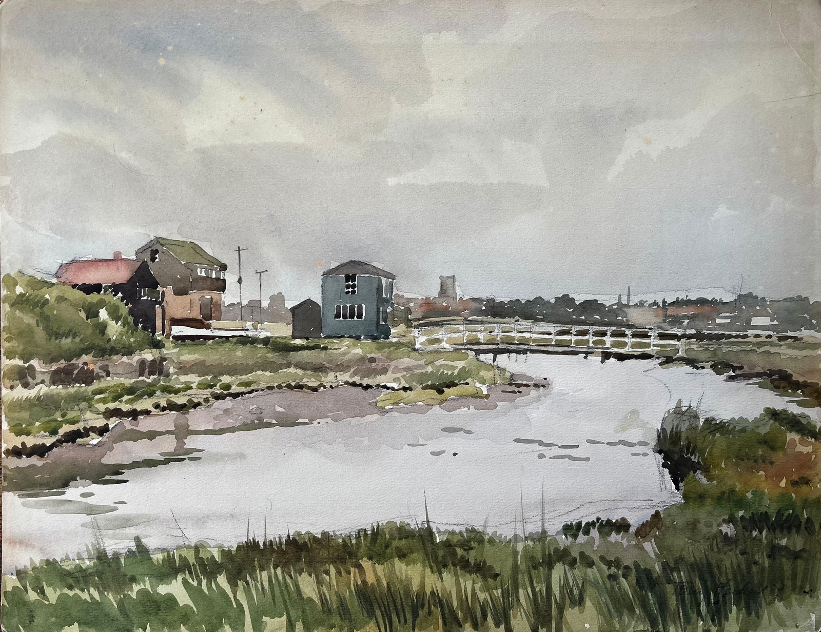 Anthony Herbert; Walberswick Suffolk Coastal River Scene with Bridge and Village Watercolour 1981, (1 of 12)