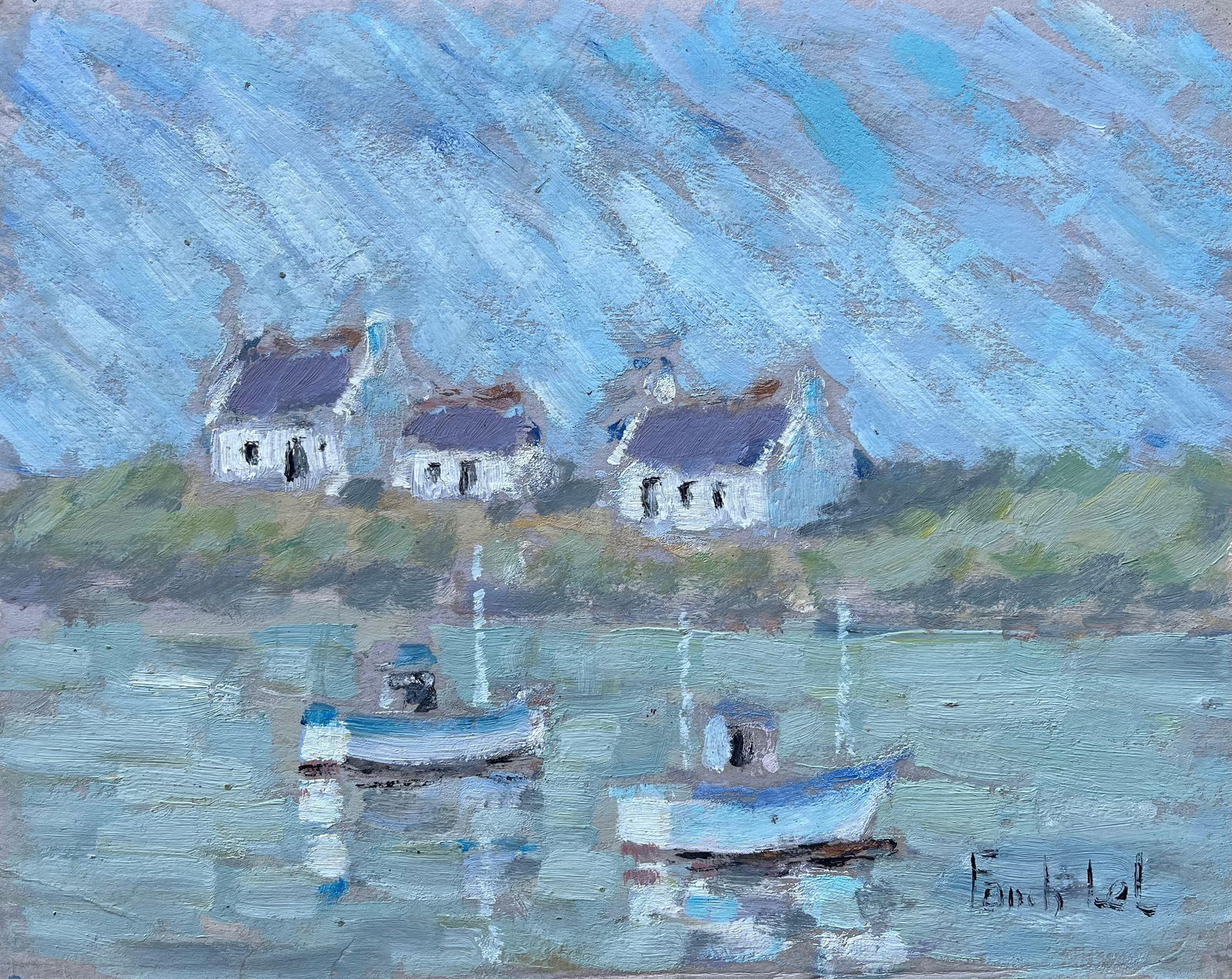 Fanch Lel; French Cottages and Fishing Boats Reflected in Water Coastal Painting: Title: Fanch Lel; French Cottages and Fishing Boats Reflected in Water Coastal Painting Description: Title: Port de Honfleur Harbour Scene with Fishing Boats and Reflections By F.T. Roussel Signed: