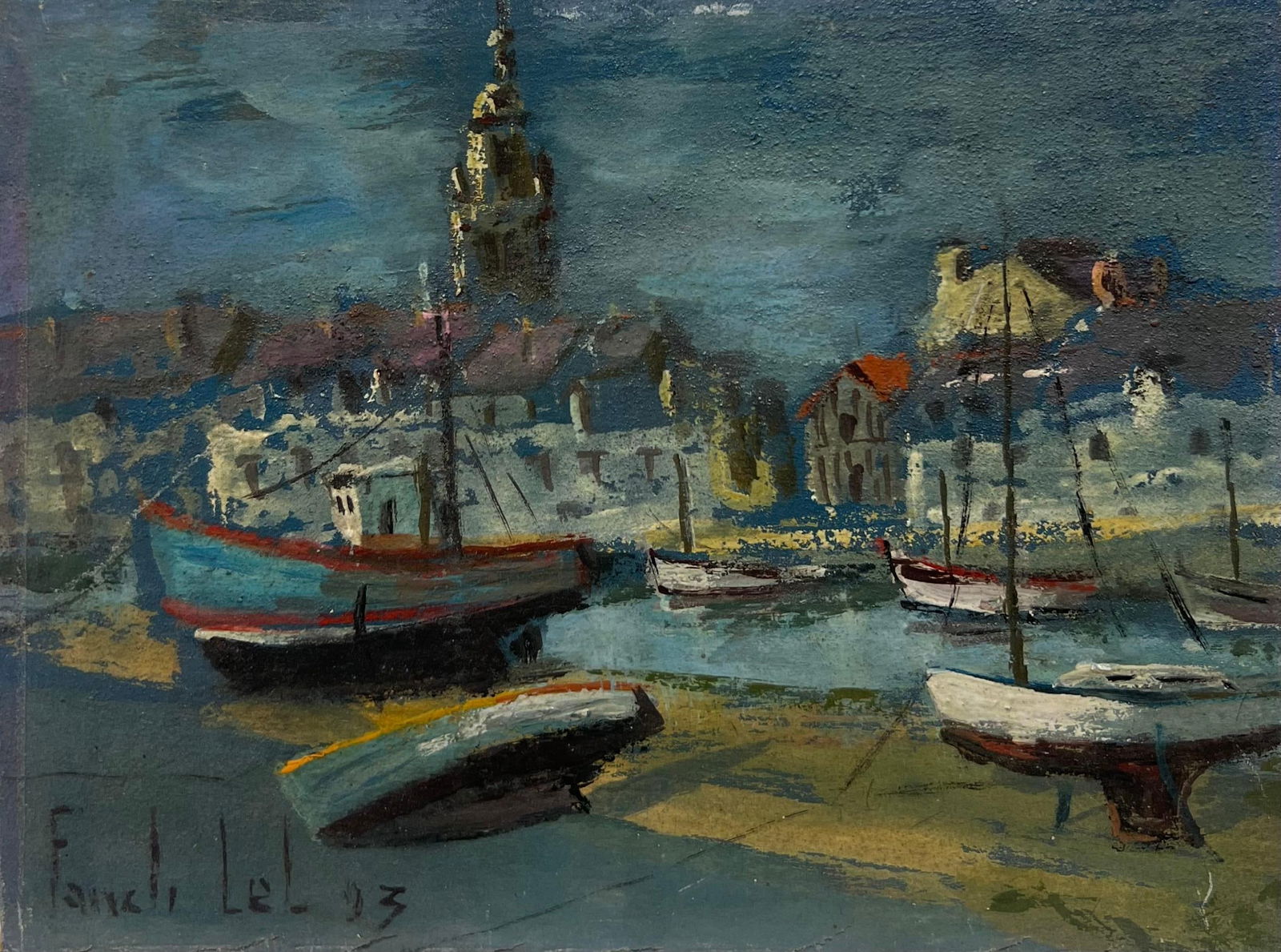 Fanch Lel; French Impressionist Dark Harbour Scene with Boats and Village Skyline Painting, 1993 (1 of 6)