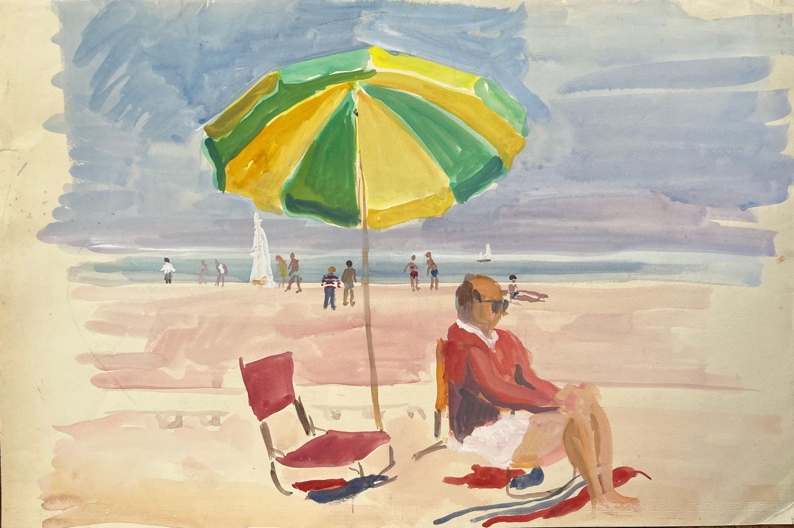 Anne Marie Migette Perard; Mid-Century French Watercolour Beach Scene With Green Umbrella and Seated (1 of 11)