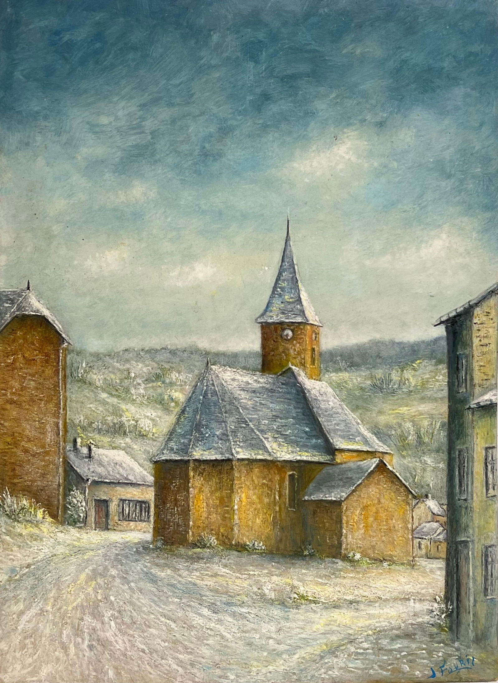 Jean Fourie; Snow Covered Spine Church Roof French 20th C. Oil Painting Village Landscape (1 of 13)