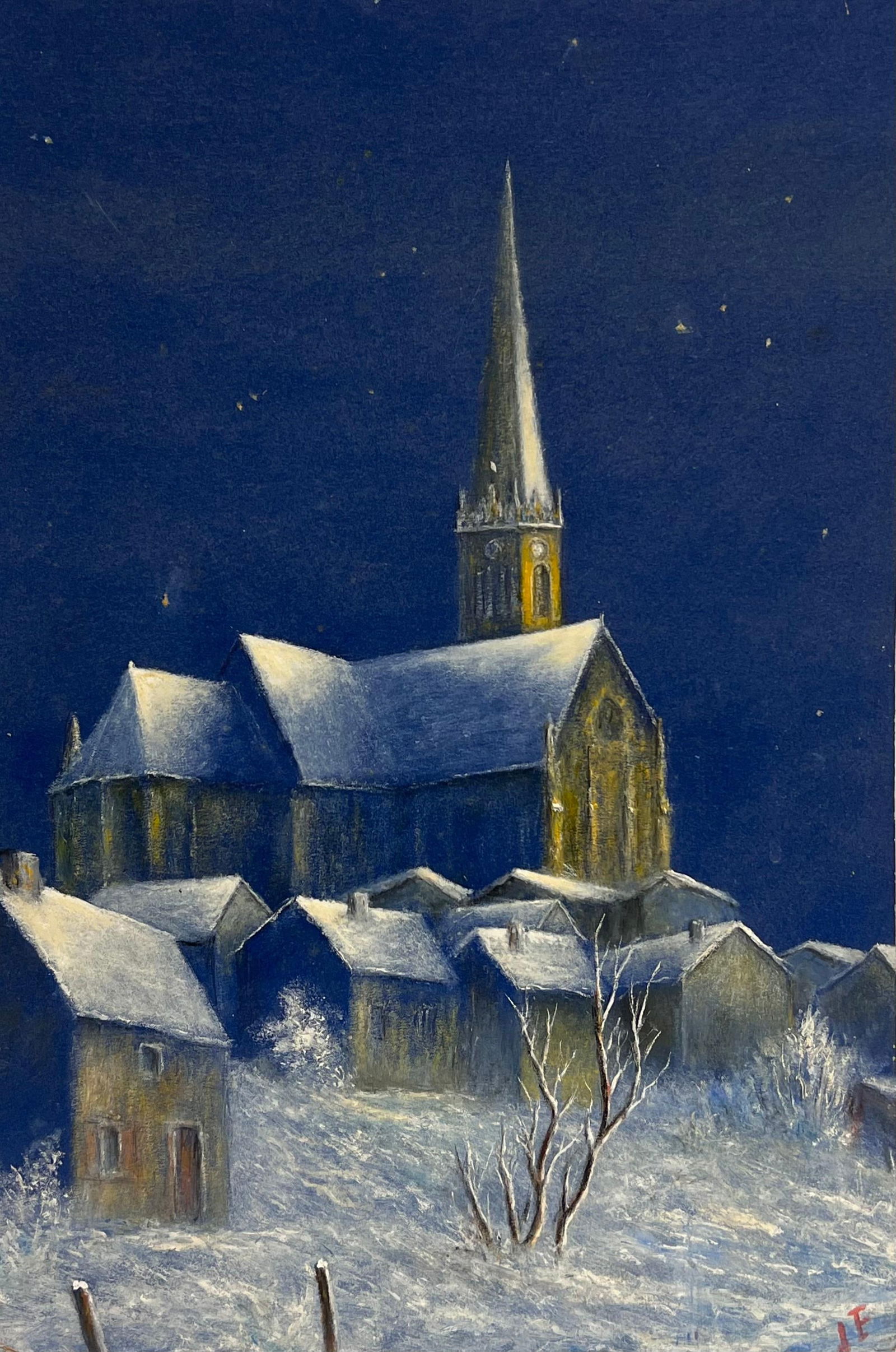 Jean Fourie; Snow Covered Church in Midnight Blue Oil Landscape Painting: Title: Jean Fourie; Snow Covered Church in Midnight Blue Oil Landscape Painting Description: Title: Seaside Promenade with Deckchairs Summer Crowd and Ocean View Watercolour Painting By Tony Herbert