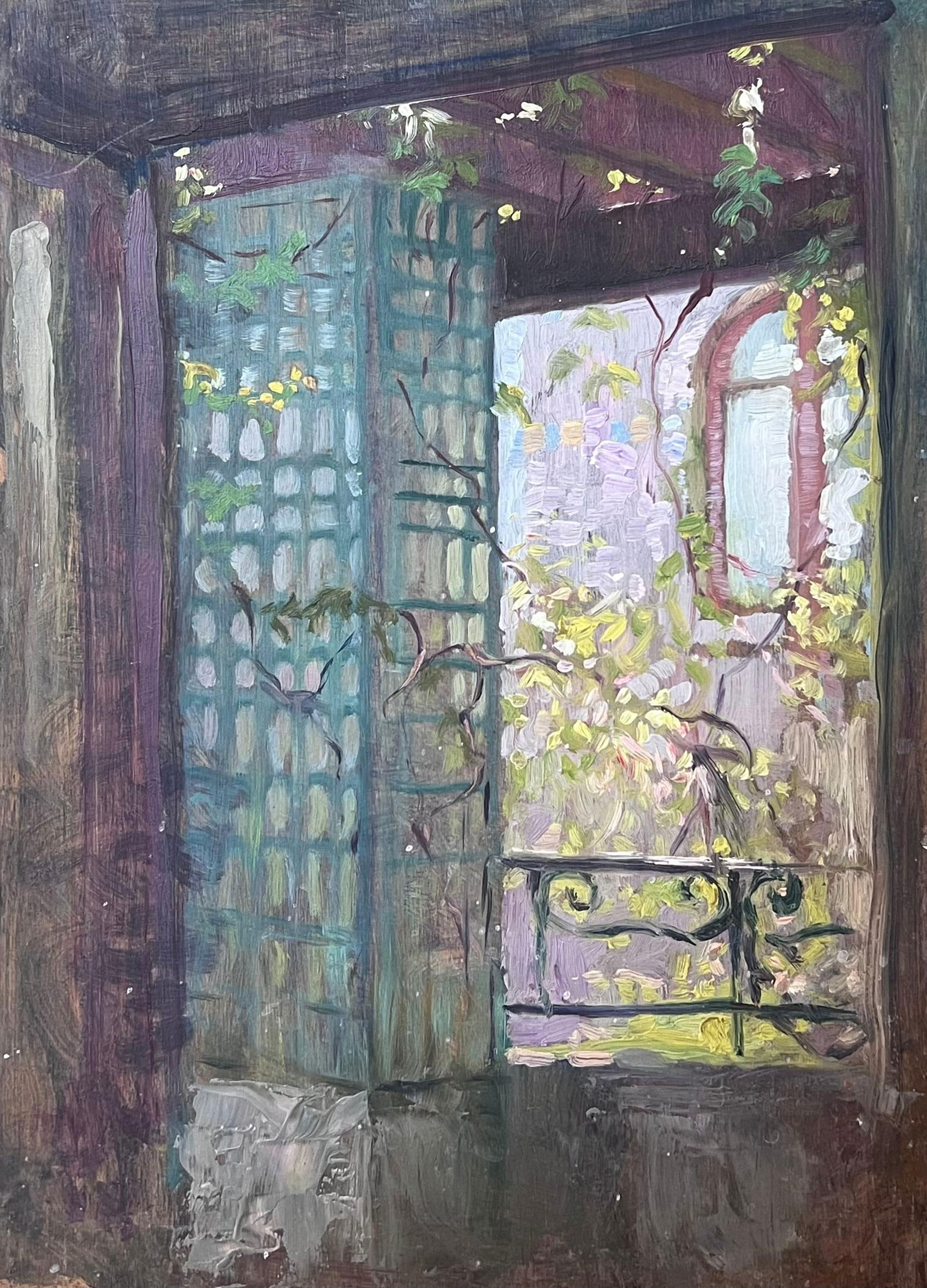 French School; 1930's French Post Impressionist Oil Interior Room View from a Garden Window, 1930's - 13
