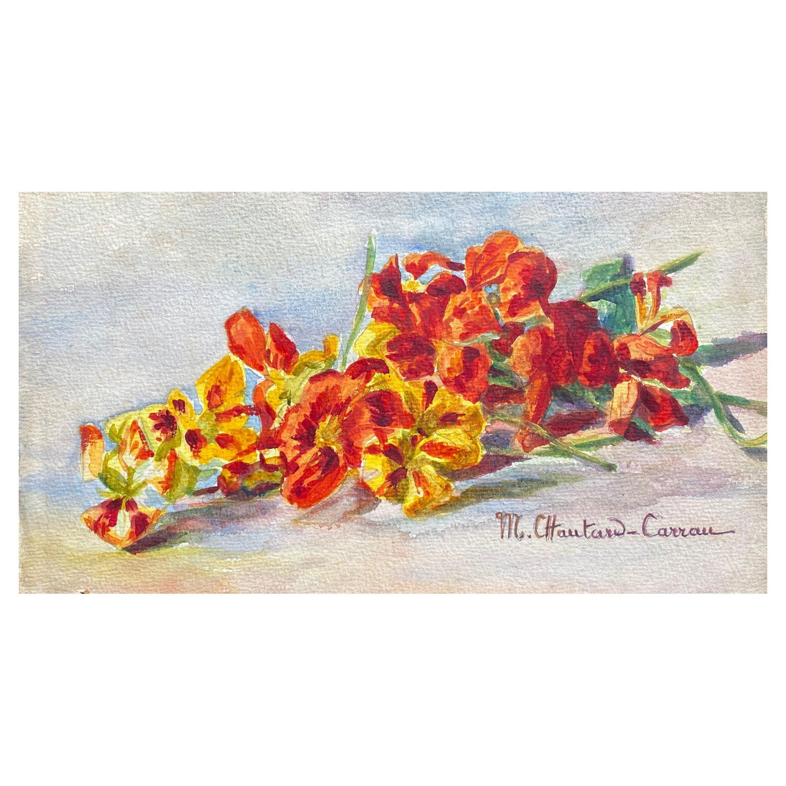 Early 1900's French Impressionist Signed Flower Watercolour by Marie Carreau, circa 1900s: Title: Early 1900's French Impressionist Signed Flower Watercolour by Marie Carreau, circa 1900s Description: Classical Bird print, after John James Audubon, printed by Harry N. Abrams, Publishers,