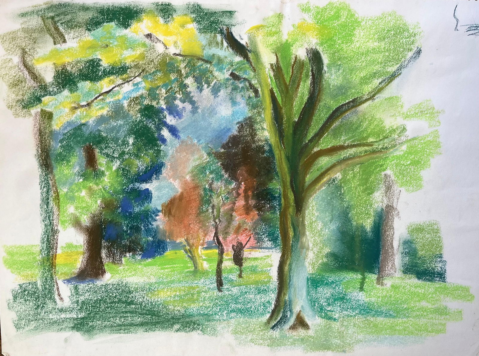 Anne Marie Migette Perard; Mid-20th Century French Pastel Landscape of Trees in a Sunlit Public (1 of 11)