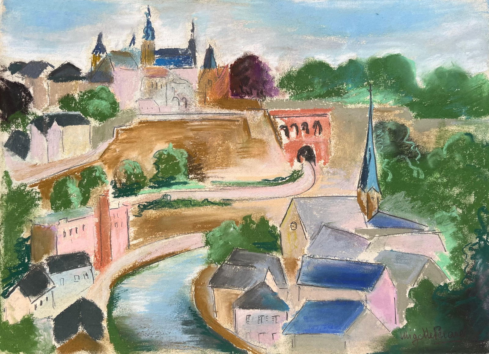 Anne Marie Migette Perard; Mid-20th Century Pastel of Luxembourg City with Fortification Wall and - 11