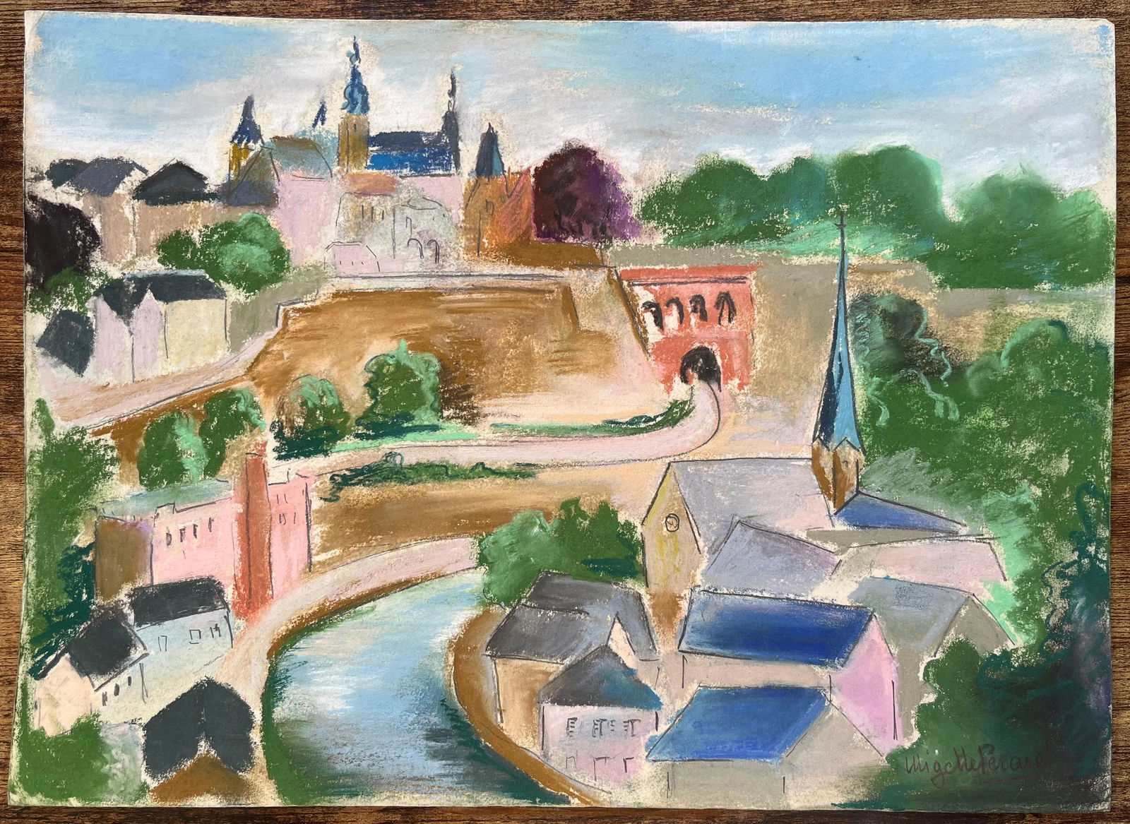 Anne Marie Migette Perard; Mid-20th Century Pastel of Luxembourg City with Fortification Wall and - 5