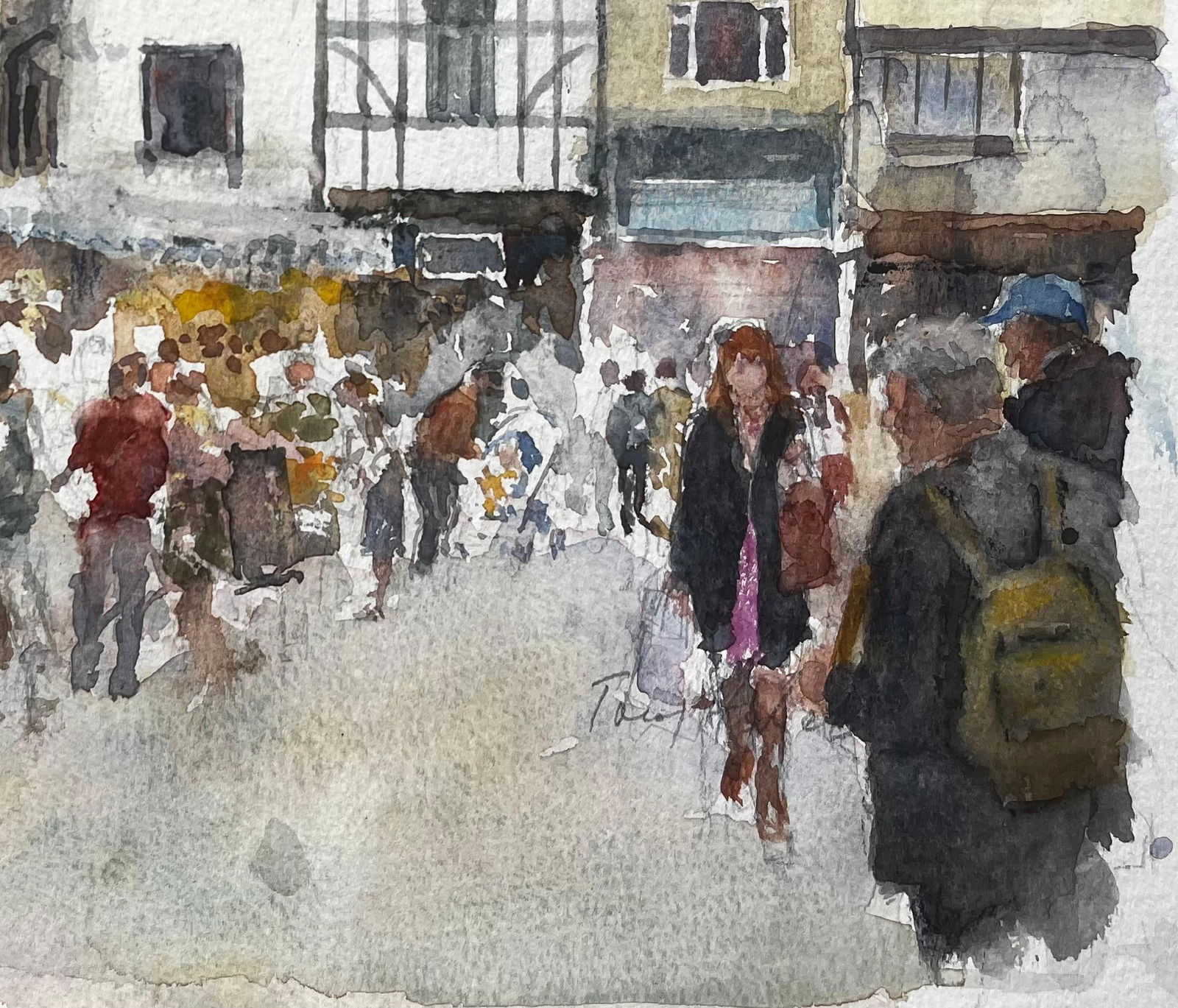 Anthony Herbert; Kingston Market London Watercolour of Bustling Street Scene with Tudor Facade - 7