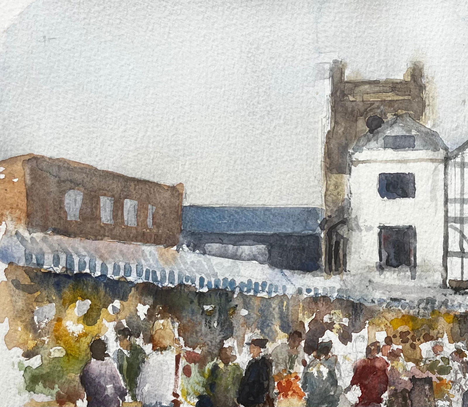 Anthony Herbert; Kingston Market London Watercolour of Bustling Street Scene with Tudor Facade - 8