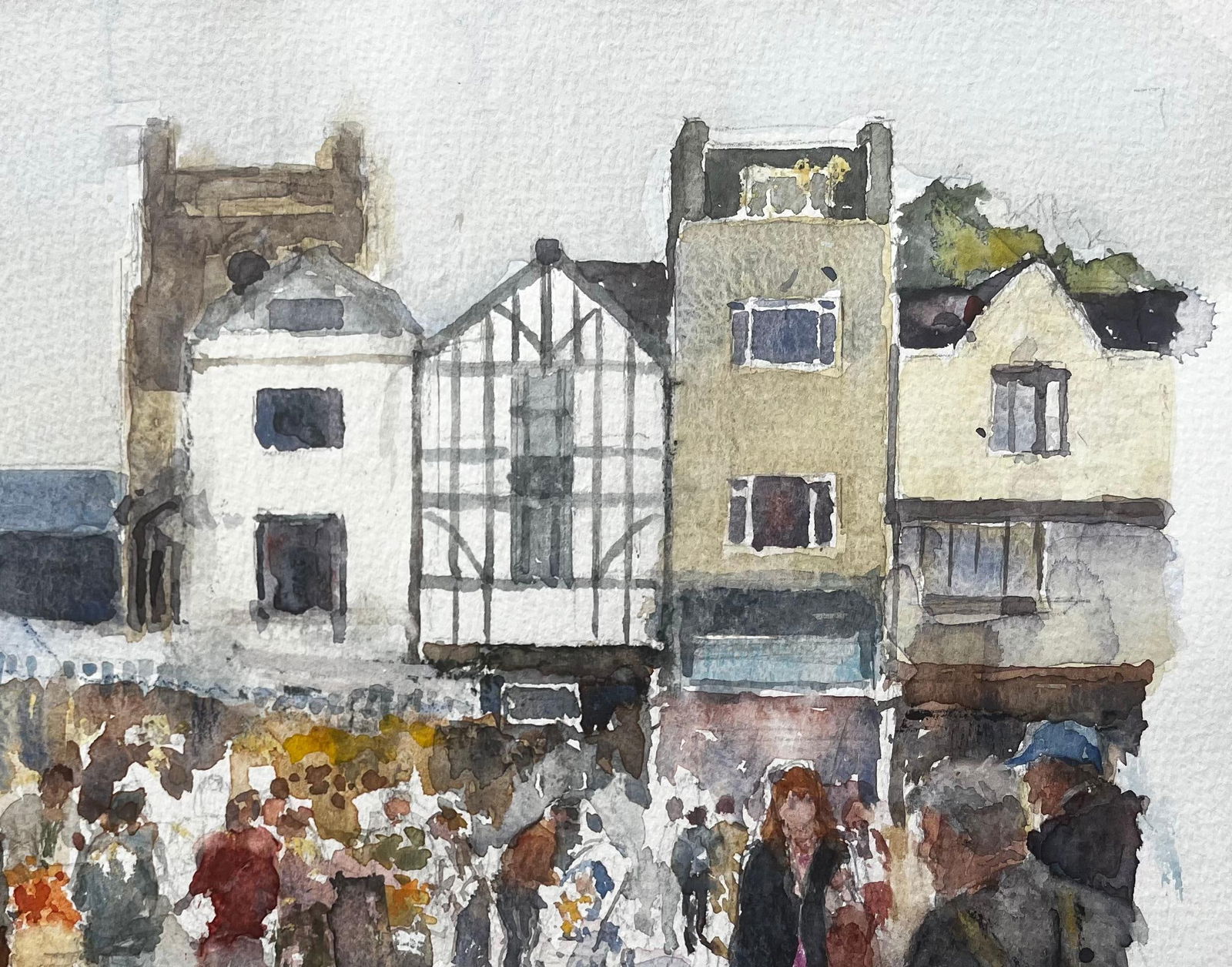 Anthony Herbert; Kingston Market London Watercolour of Bustling Street Scene with Tudor Facade - 9