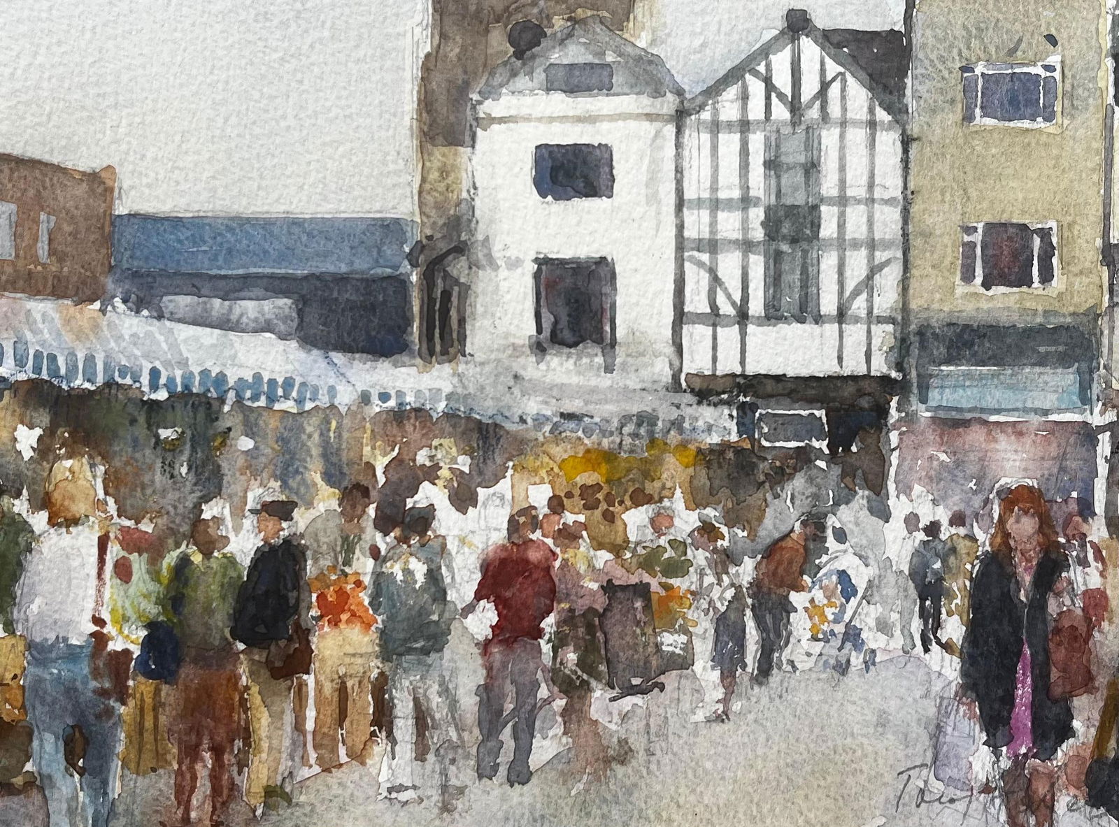 Anthony Herbert; Kingston Market London Watercolour of Bustling Street Scene with Tudor Facade - 10