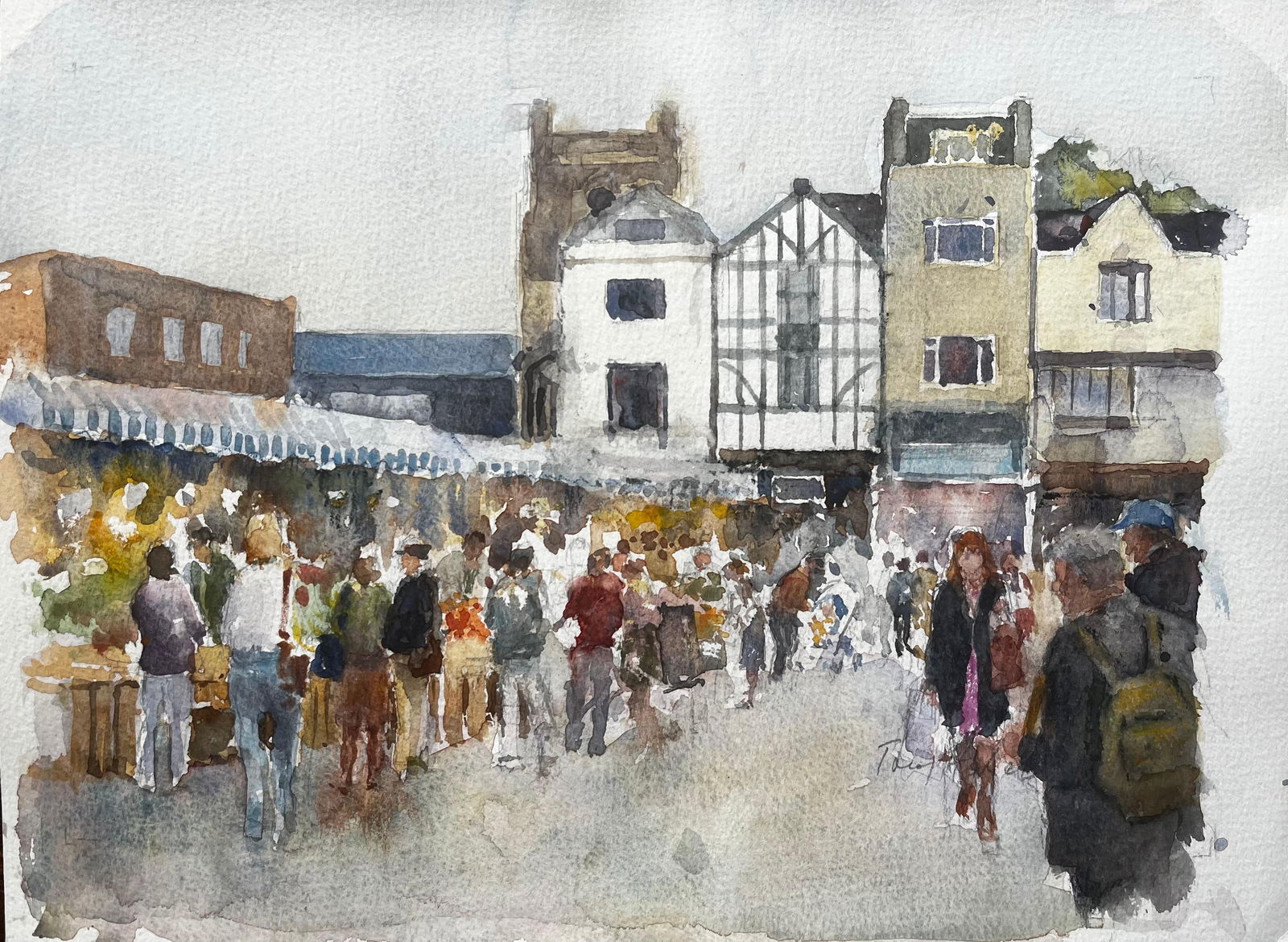 Anthony Herbert; Kingston Market London Watercolour of Bustling Street Scene with Tudor Facade: Title: Anthony Herbert; Kingston Market London Watercolour of Bustling Street Scene with Tudor Facade Description: Title: Coloured Portrait Of Smiling Man In Flat Cap On Toned Paper By Tony Herbert
