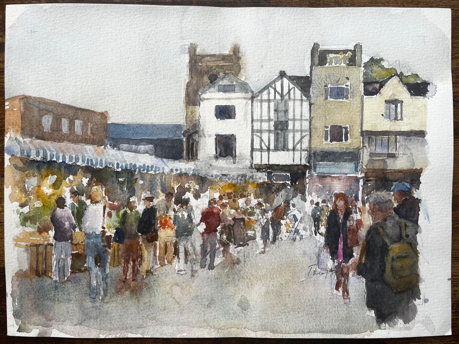 Anthony Herbert; Kingston Market London Watercolour of Bustling Street Scene with Tudor Facade - 5