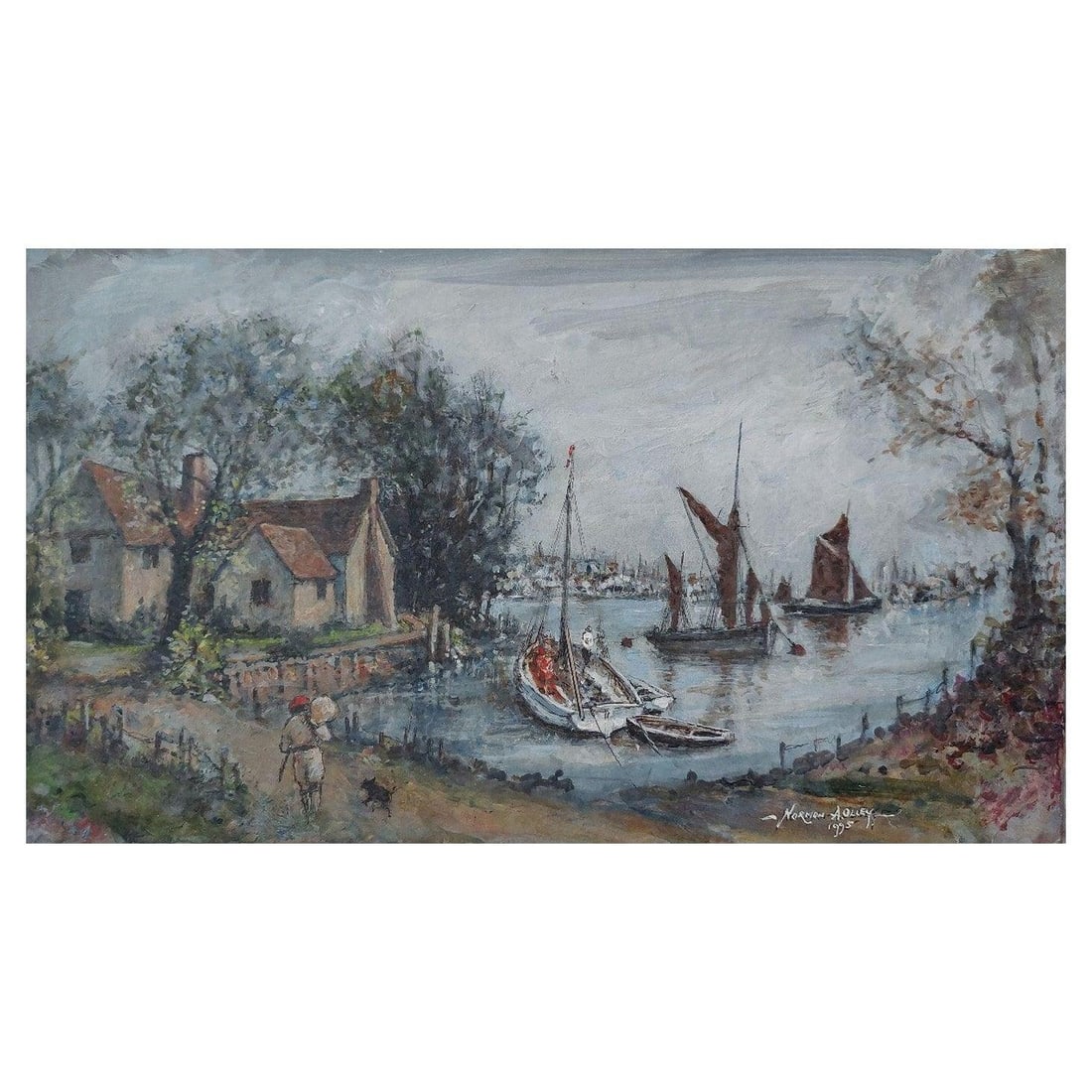 English School; Traditional English Painting Maritime Scene on River Medway, Kent, England, 20th (1 of 17)