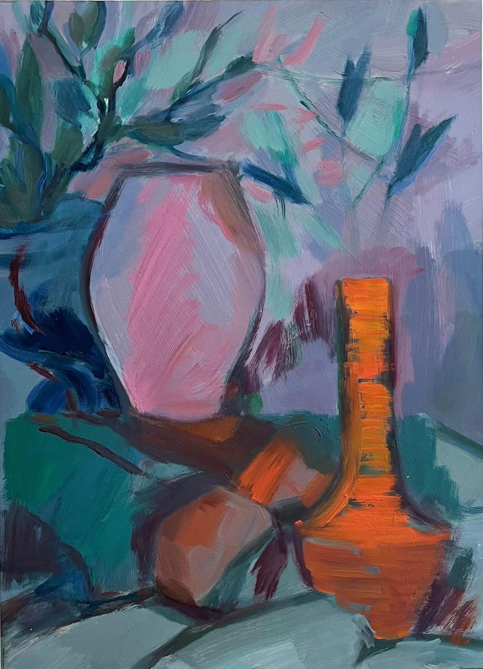 Roland Pichard; Abstract Still Life with Pink and Orange Vases - Contemporary Oil Painting: Title: Roland Pichard; Abstract Still Life with Pink and Orange Vases - Contemporary Oil Painting Description: Title: Abstract Landscape with Ancient Ruins - Contemporary Oil Painting Artist: Roland