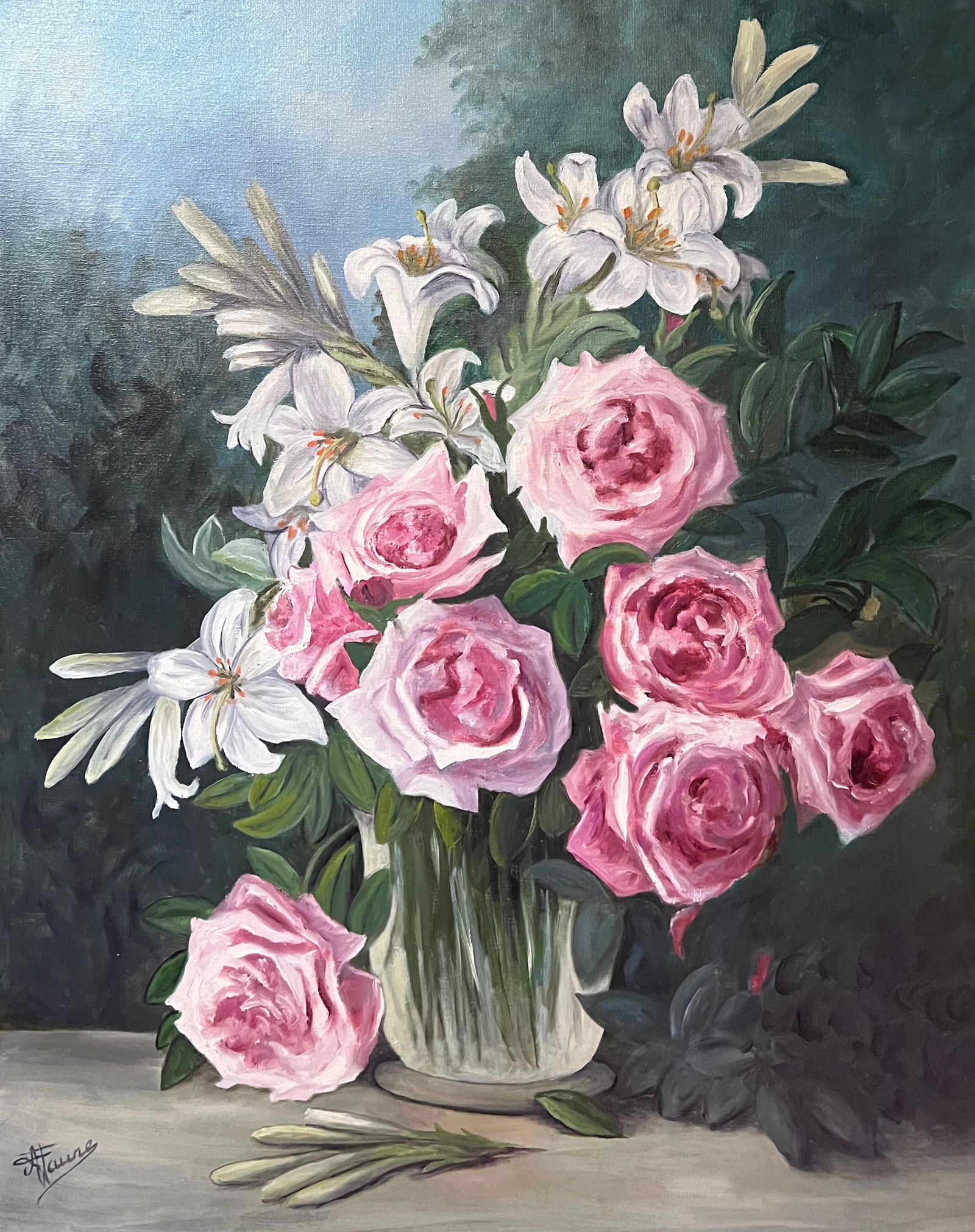 Annie Faure; Pink Roses and Lilies In Glass Vase Still Life 20th Century French Oil Painting (1 of 14)